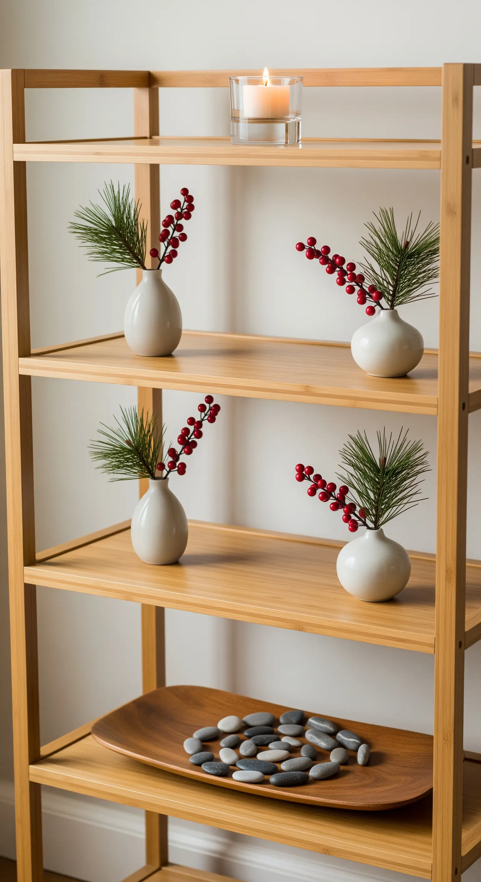 Bambus-Etagere mit minimalistischen Vasen, Kiefernzweigen und Flusssteinen