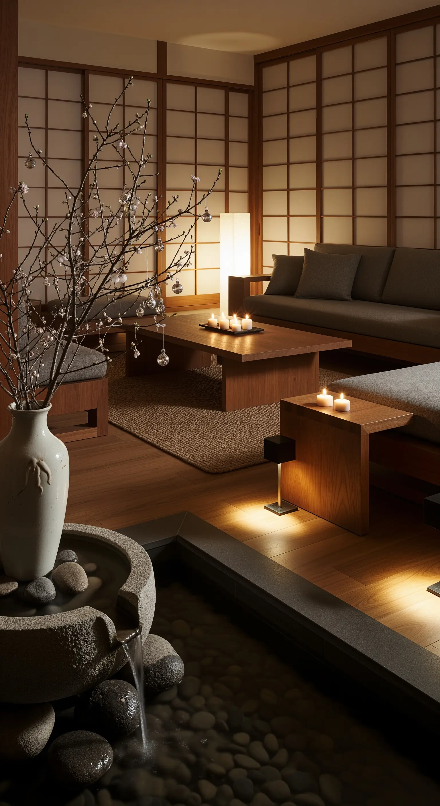 Japandi-Wohnzimmer mit Holzelementen, Reisfenstern, minimalistischen Zweigen und Wasserspiel.