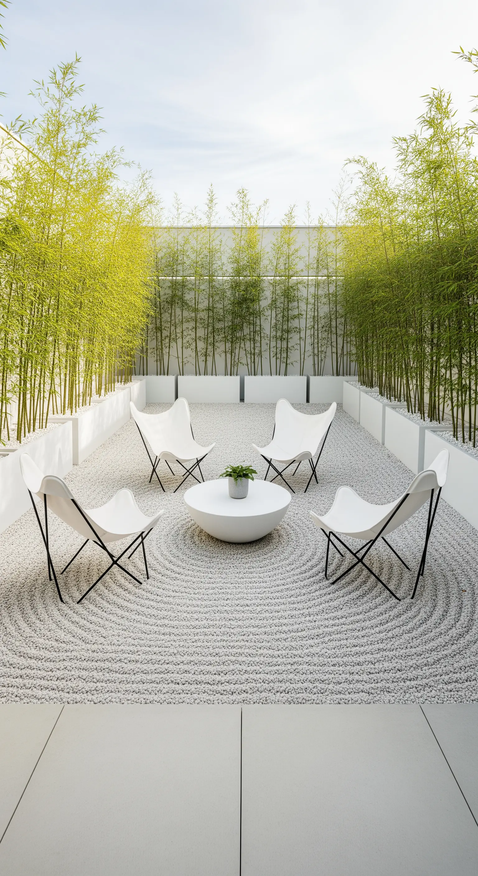 Zen-Garten mit Kies, Schmetterlingsstühlen und Bambus