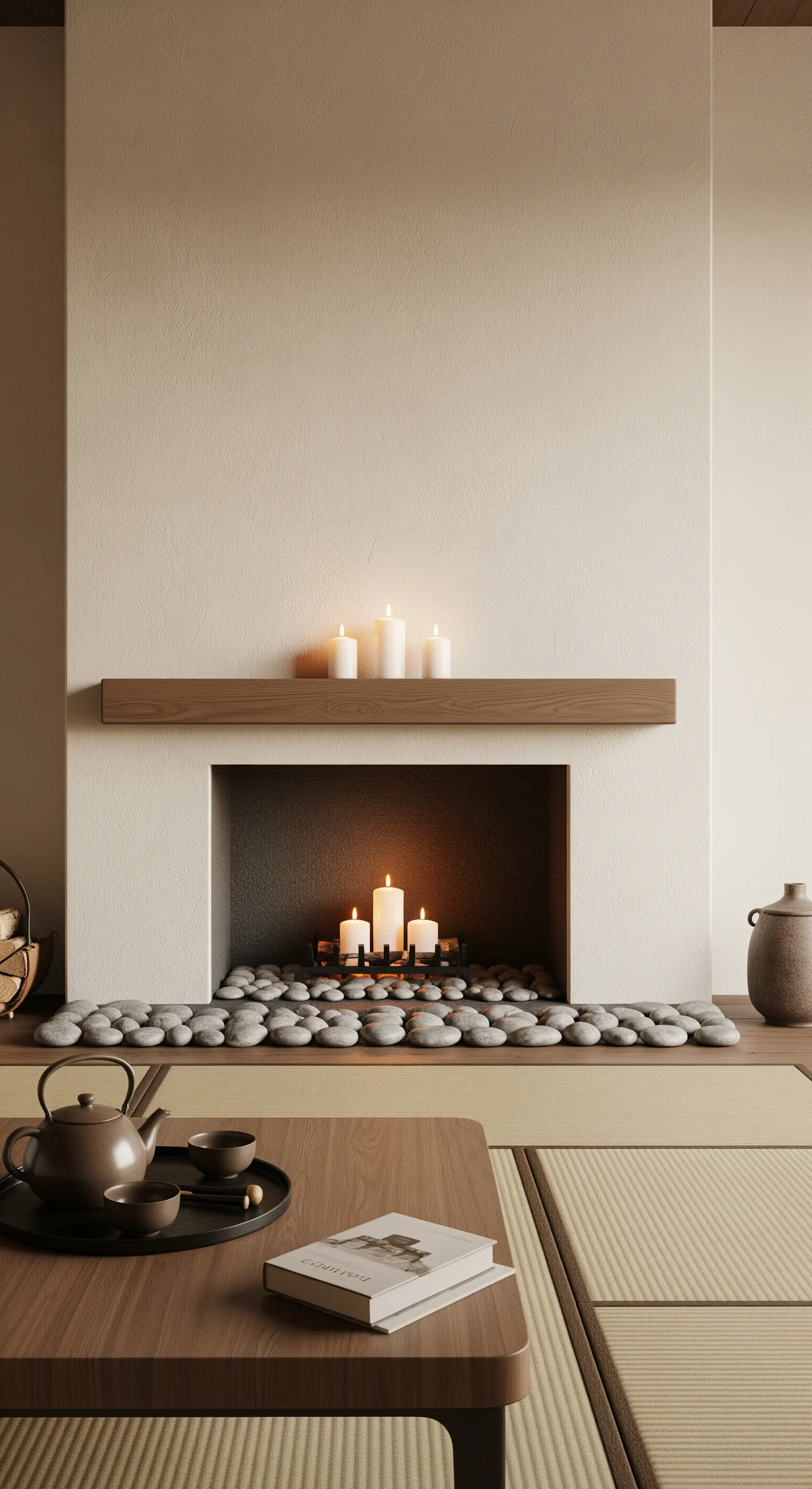 Japandi-Kamin mit Holzbalken, Kerzen und Flusskieseln, minimalistische Ruhe.