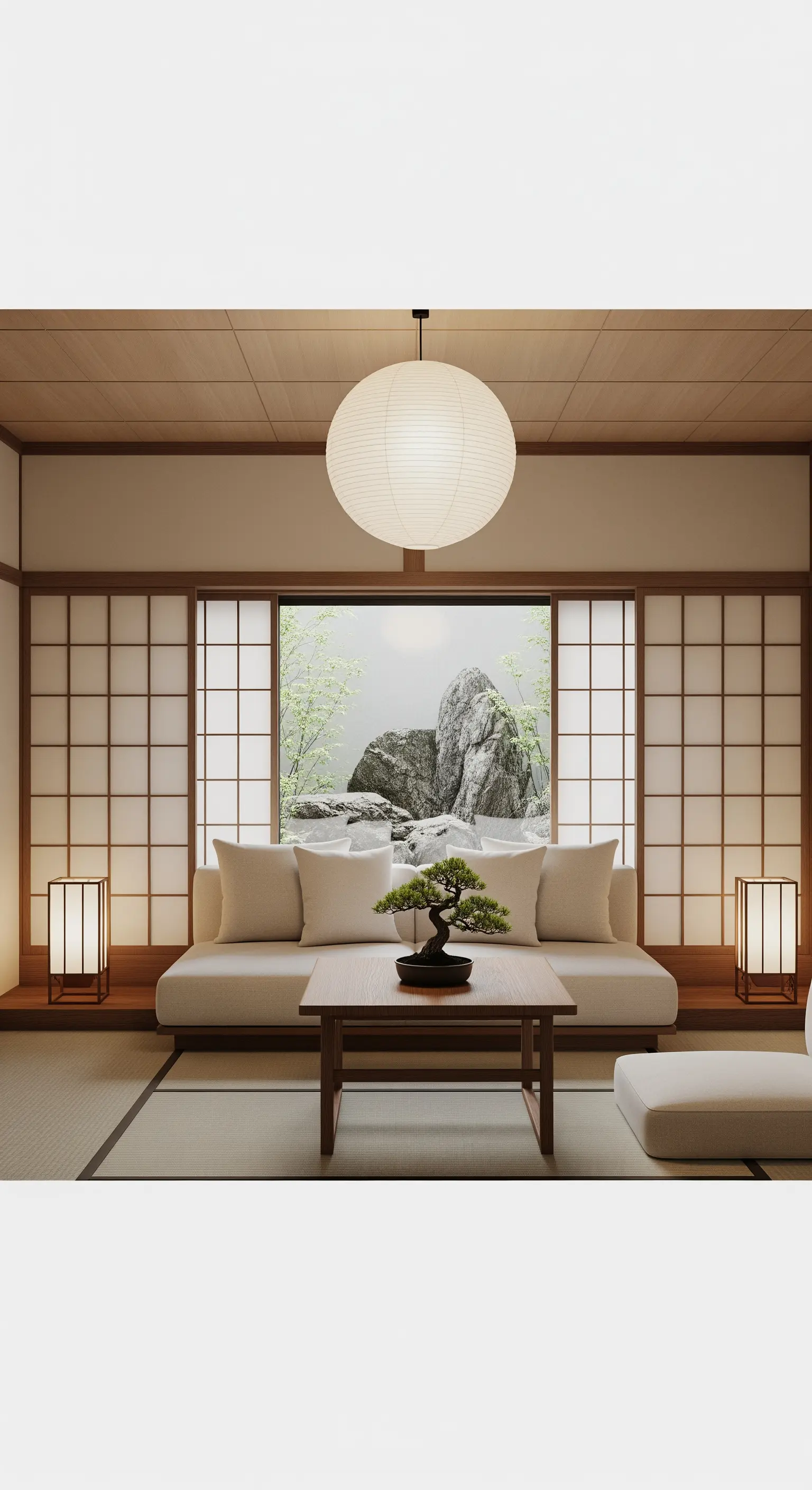 Wohnzimmer im japanischen Stil mit Shoji-Wänden, niedrigen Möbeln und Bonsai.