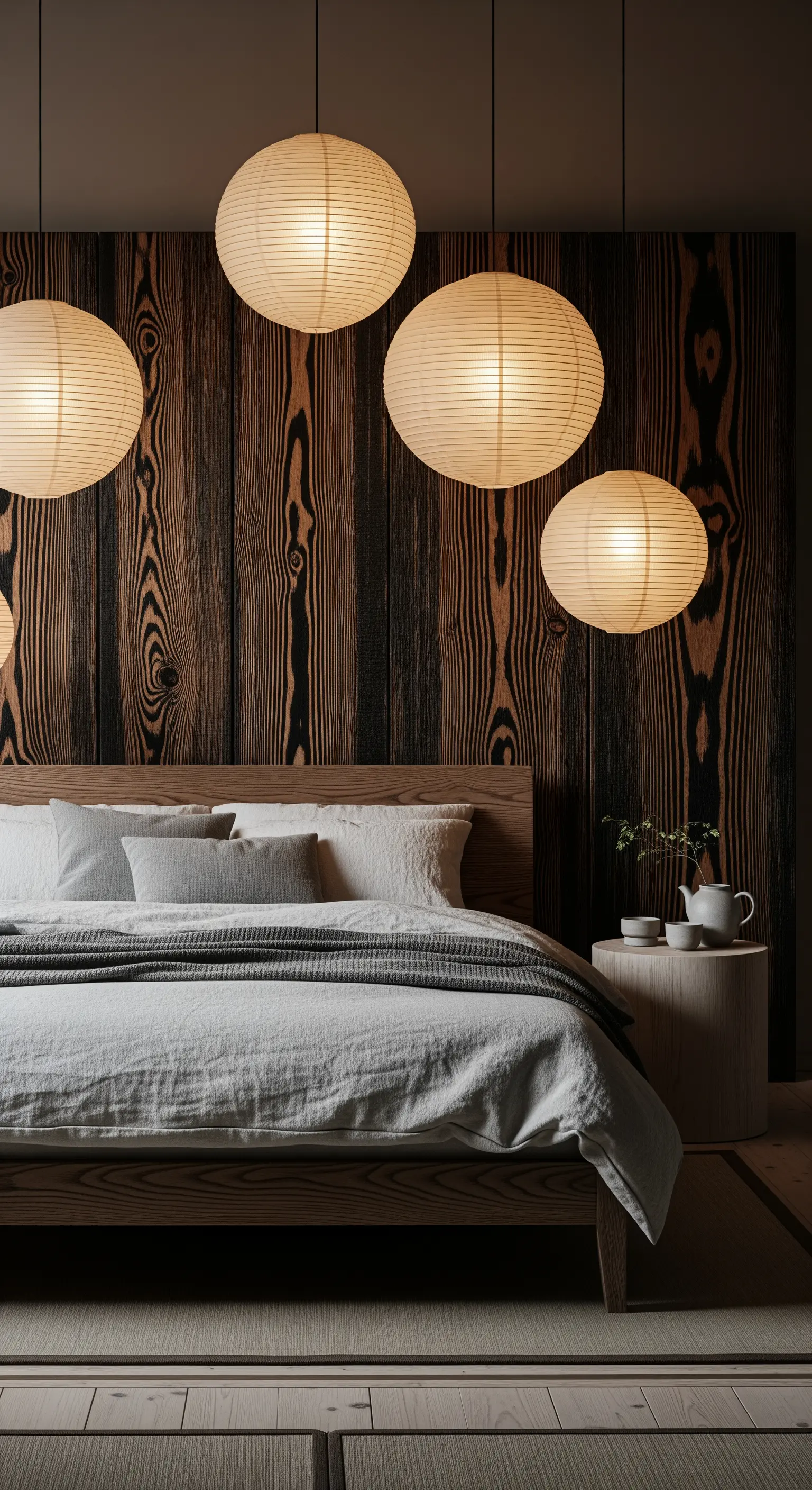 Papierlaternen, dunkle Holzwand, Japandi-Schlafzimmer