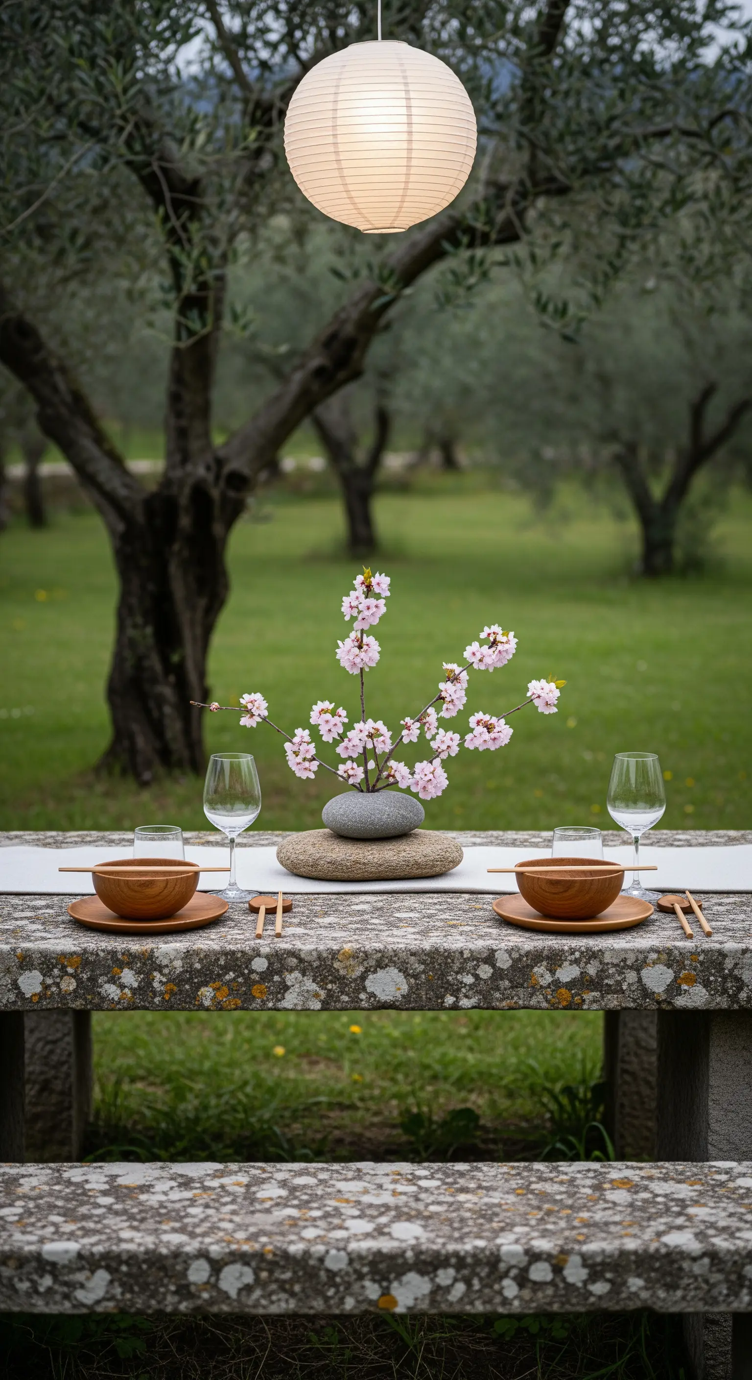 Minimalistische Japandi-Deko auf einem Steintisch mit Kirschblüten in einem Stein.