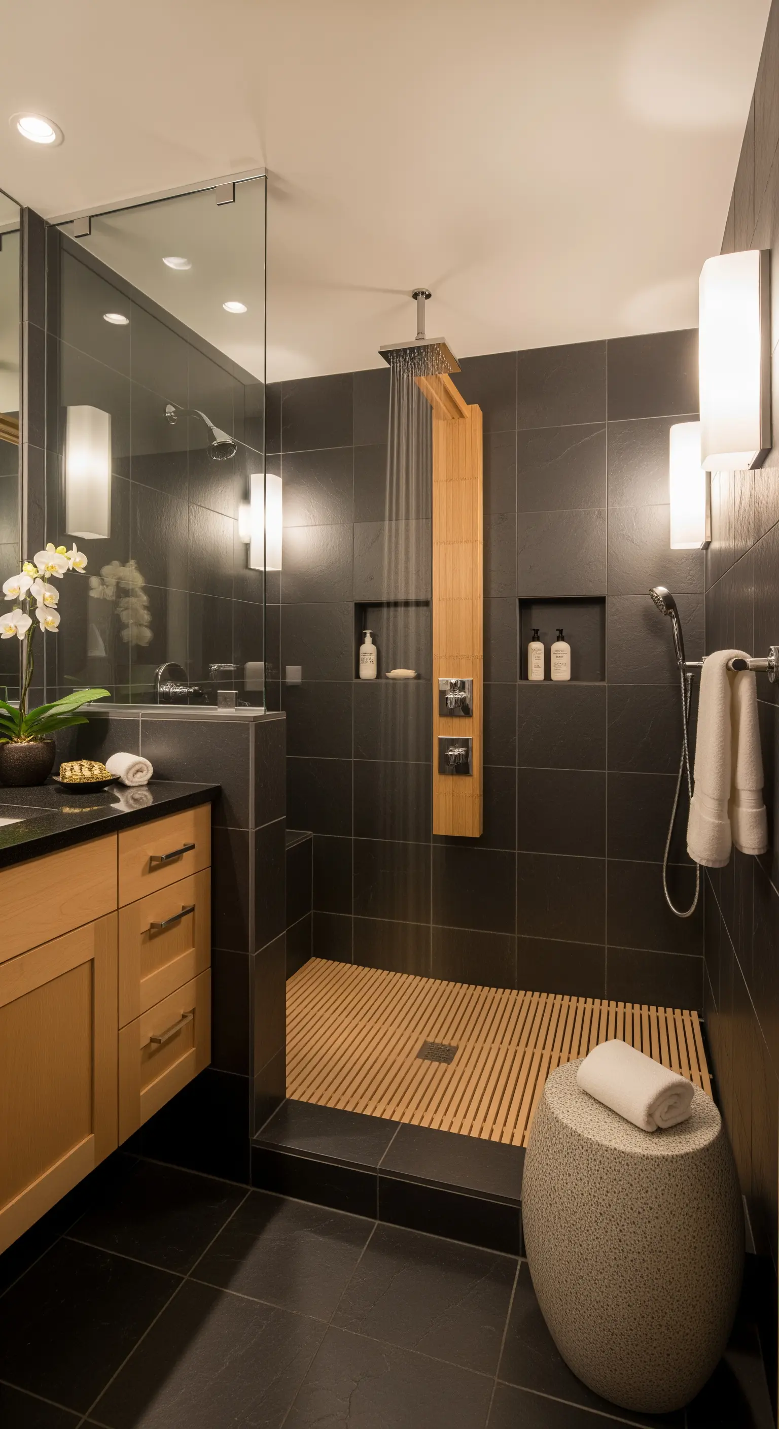 Dunkel geflieste Dusche mit einem Holzboden und warmen, seitlichen Wandleuchten