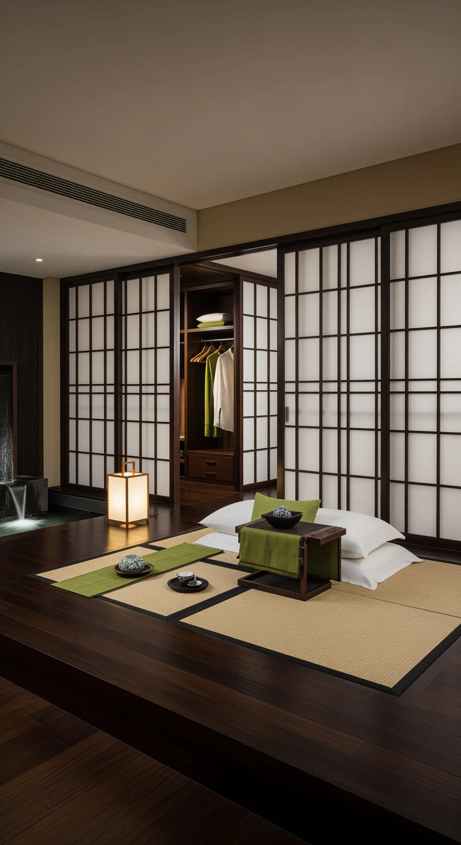 Japanisch inspiriertes Schlafzimmer mit Kleiderschrank im Stil von Shoji-Schiebetüren.