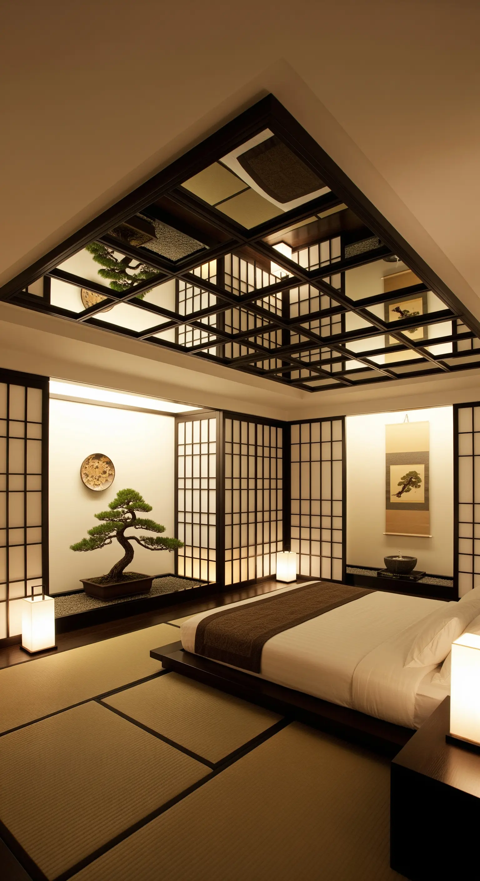 Schlafzimmer im japanischen Stil mit Holzgitter-Spiegeldecke, Shoji-Wänden und Tatami-Matten.