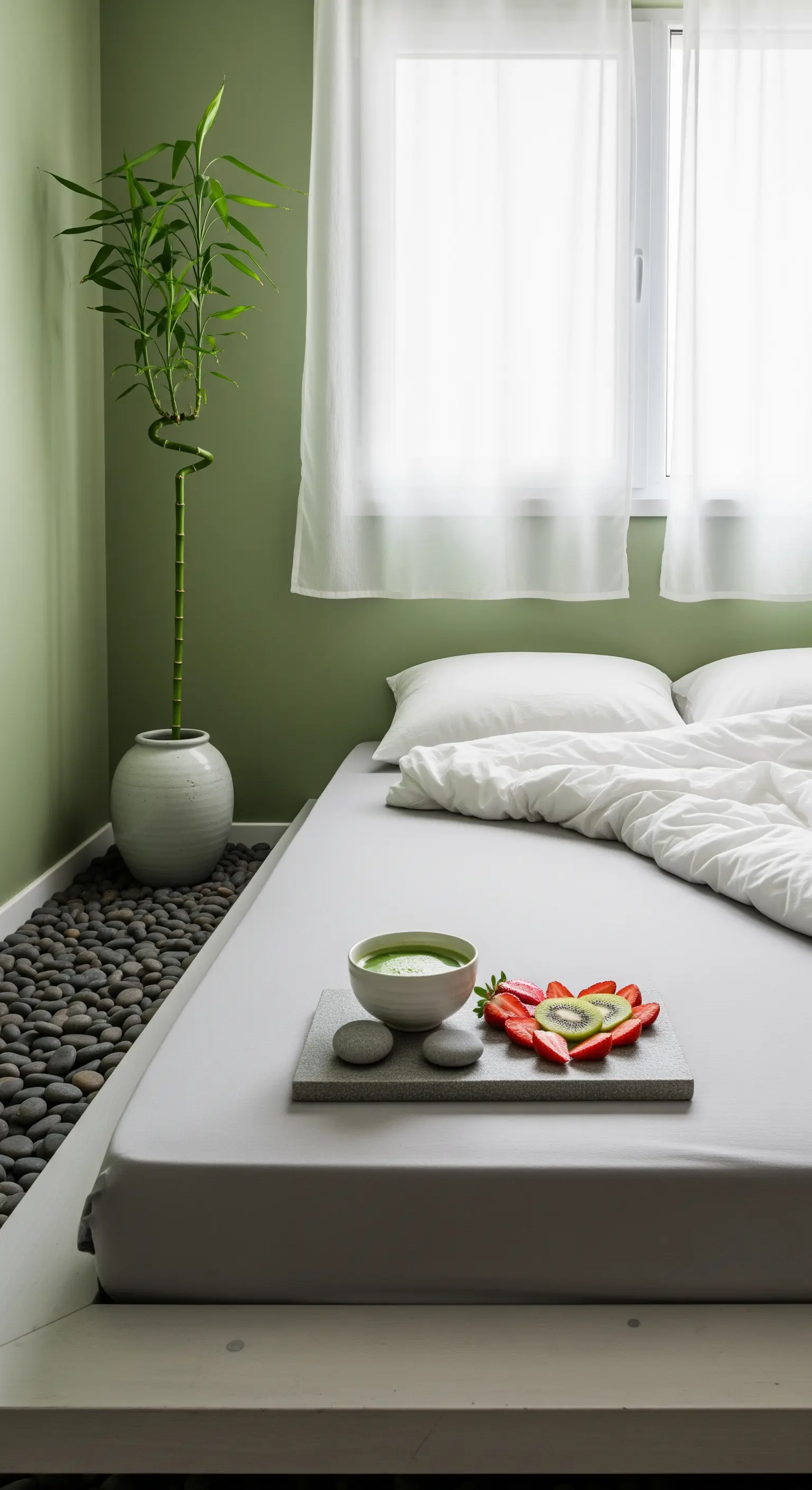 Zen-Frühstück mit Matcha, Obst auf Steintablett, Bambus und Kieselsteinen im Schlafzimmer