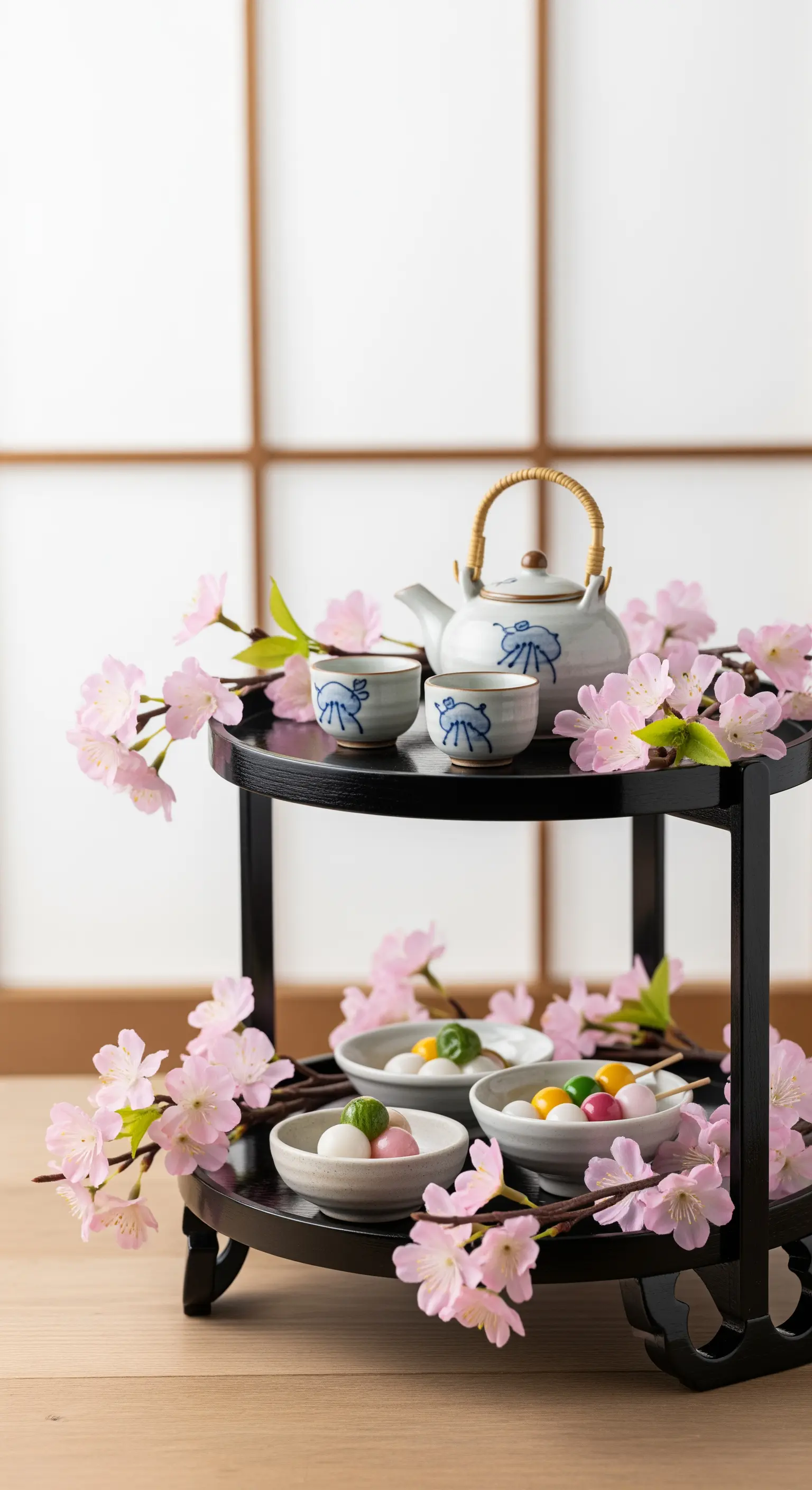Schwarze Etagere im japanischen Stil mit Teekanne, Tassen und Kirschblüten.