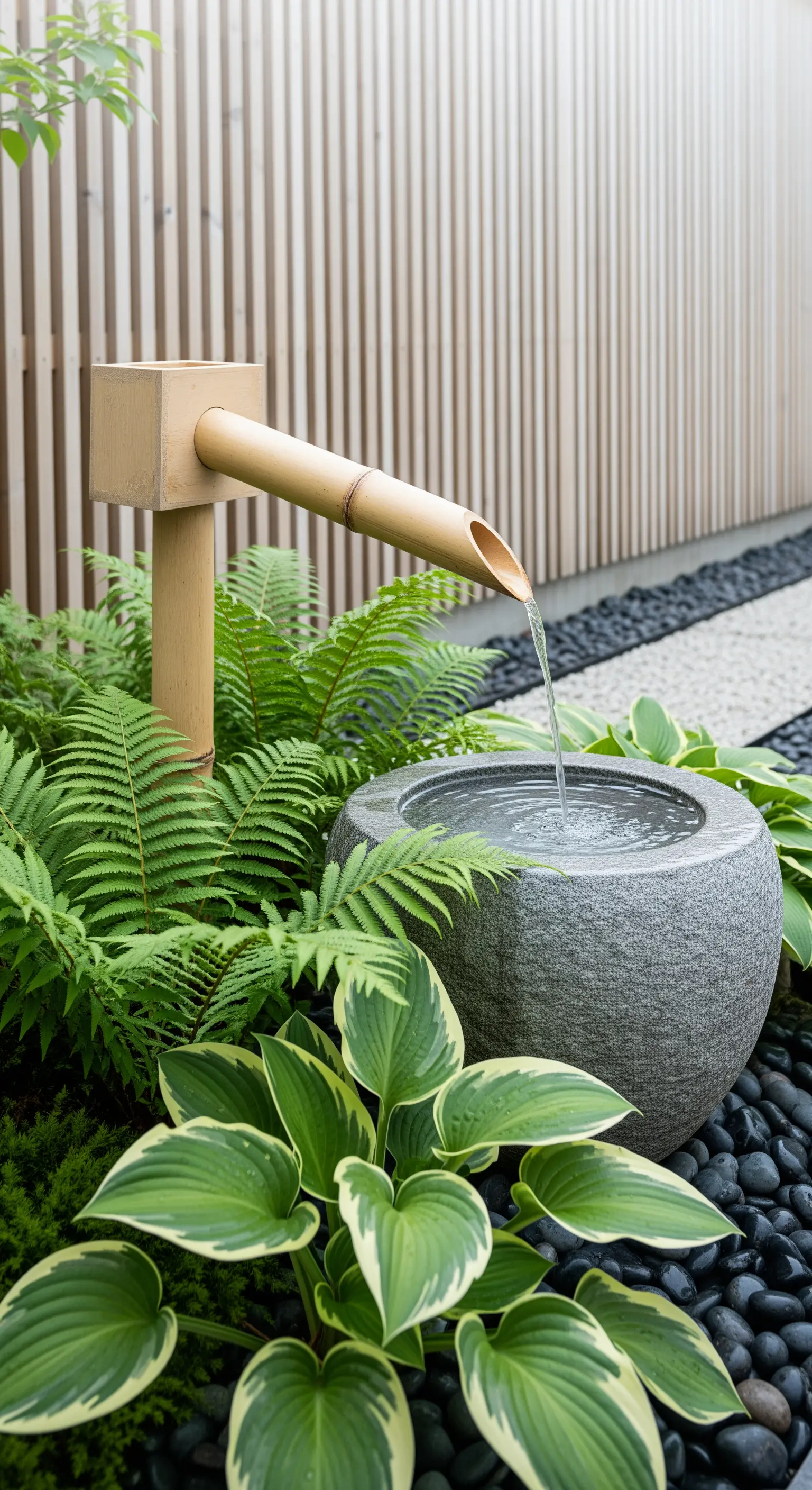 Bambus-Wasserspiel, Steinbecken, Farne, Hosta, schwarze Kieselsteine