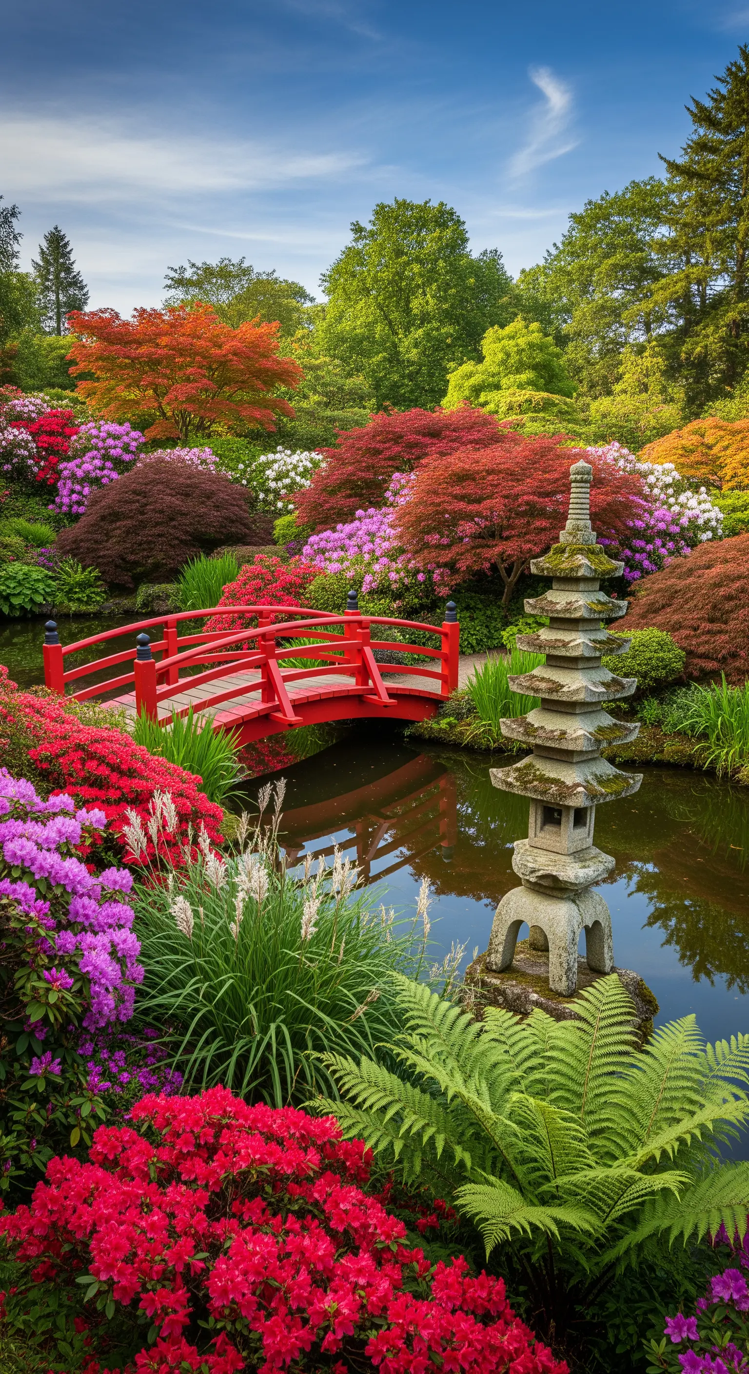 Japanischer Teich mit roter Brücke, Steinlaterne und bunten Azaleen und Ahornbäumen
