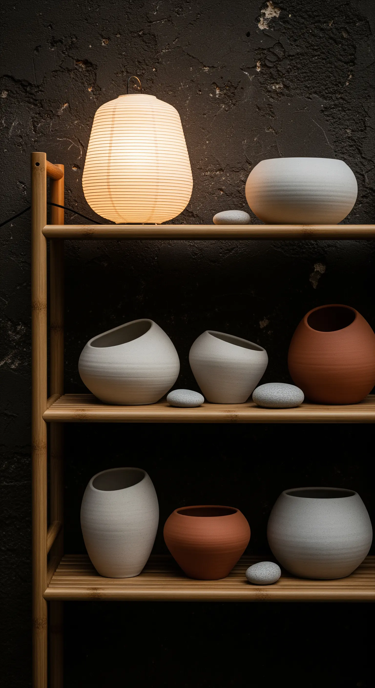 Bambusregal mit minimalistischer Keramik, Kieselsteinen und einer Papierlaterne