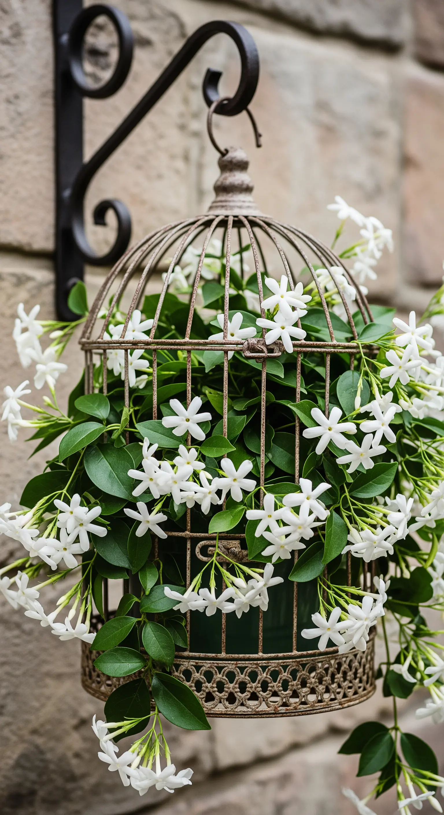 Alter Metall-Vogelkäfig, bepflanzt mit blühendem Jasmin, hängt an einem Wandhaken.