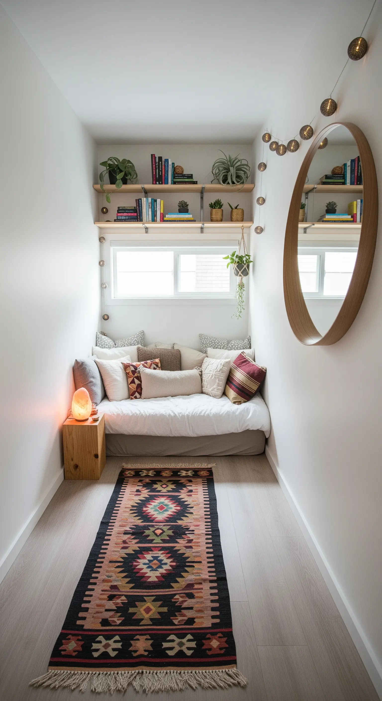 Schmale Nische umgewandelt in ein gemütliches Daybed mit vielen Kissen und einem Kelim-Läufer