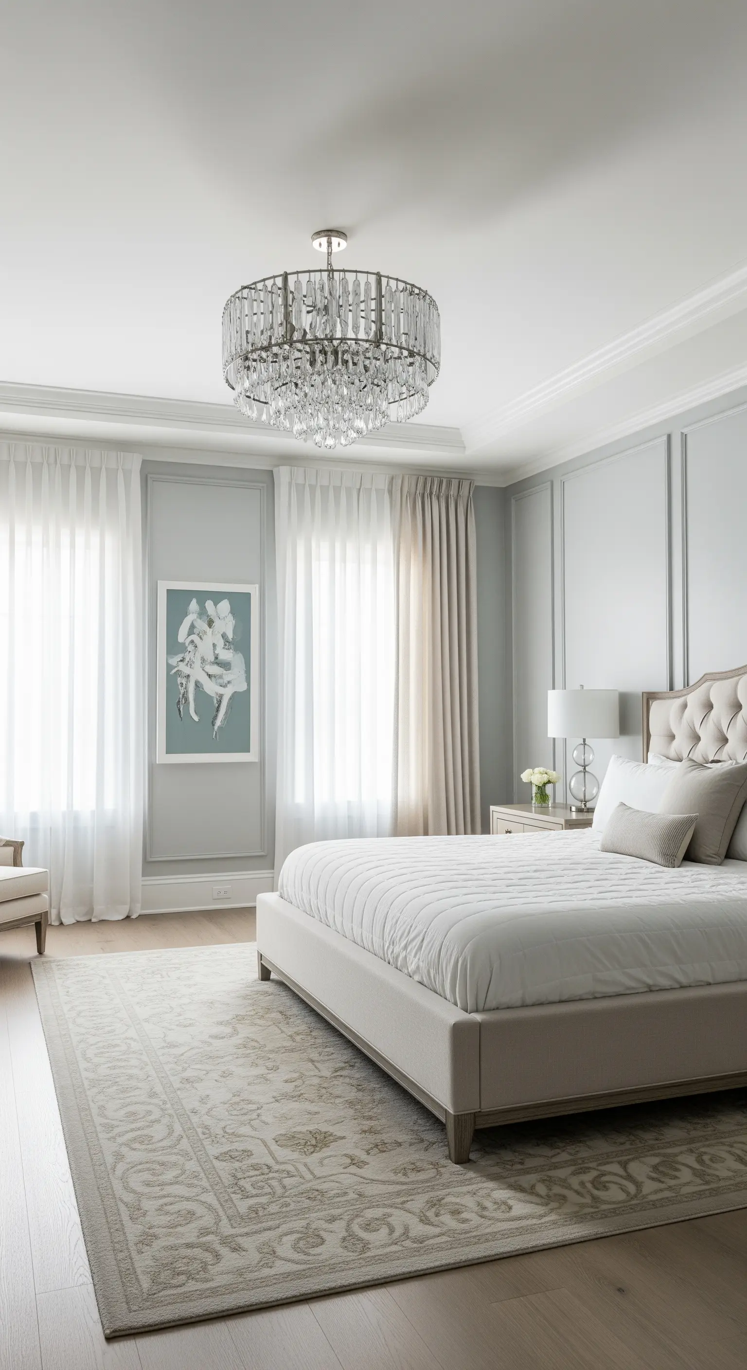 Eleganter Kristall-Kronleuchter in einem hellen, klassischen Schlafzimmer mit Stuck an der Decke.