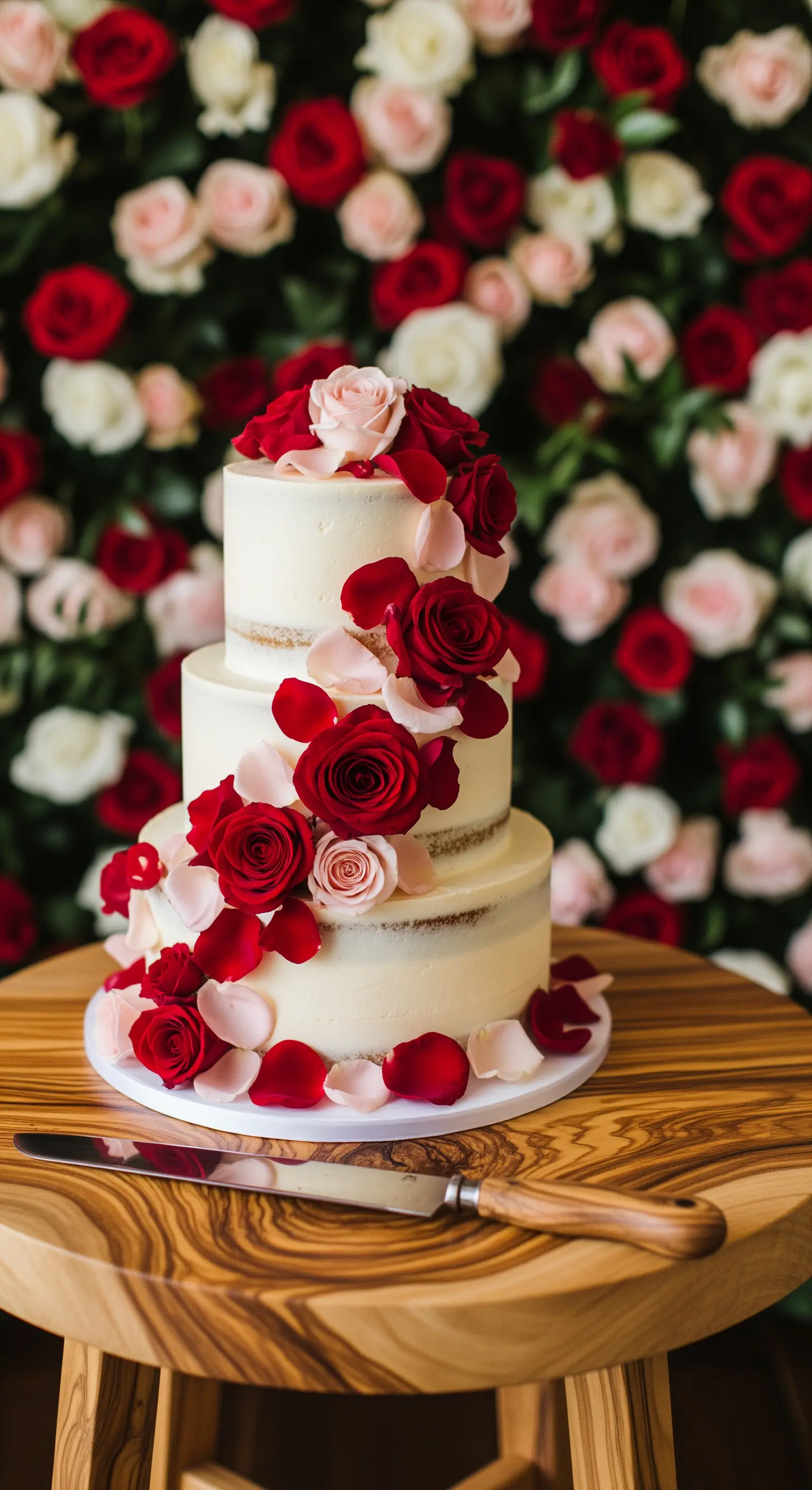 Jubiläumstorte mit roten und rosa Rosen vor einer Rosenwand auf einem Olivenholz-Hocker