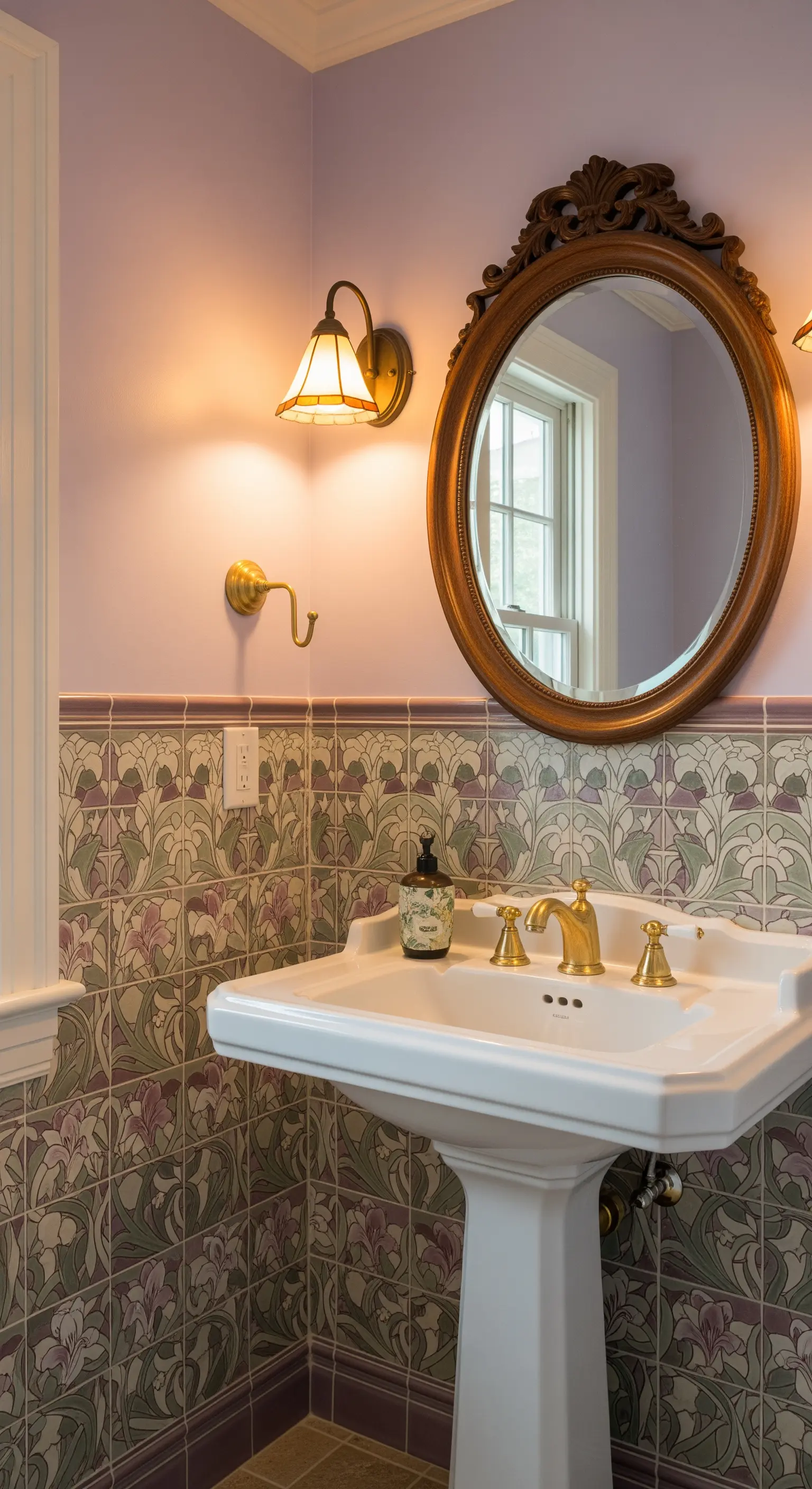 Badezimmer im Vintage-Stil mit floralen Jugendstil-Fliesen und Standwaschbecken.