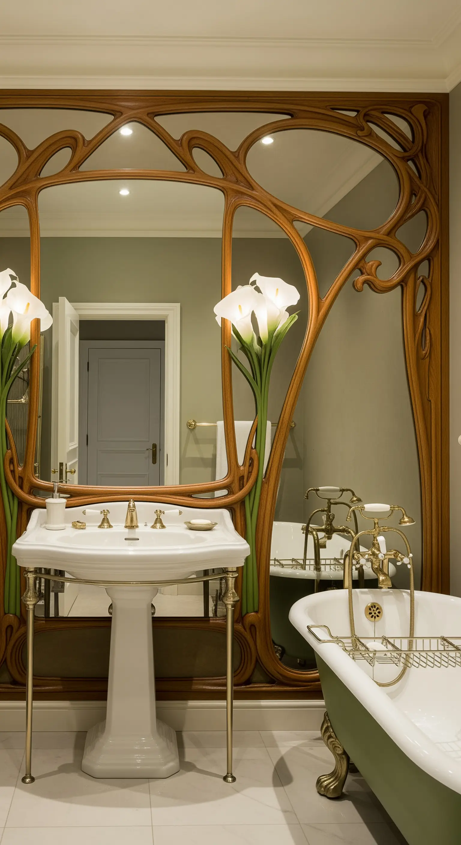 Badezimmer mit einem riesigen Spiegel, dessen kunstvoller Holzrahmen im Jugendstil gestaltet ist.