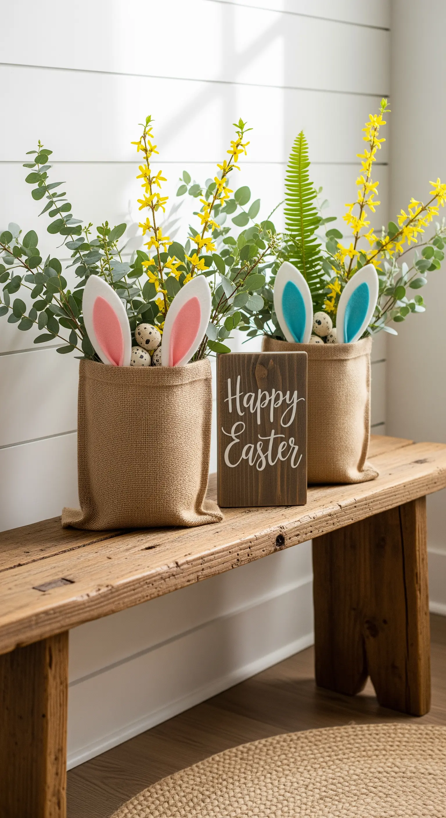 Jutesäcke mit Hasenohren und Forsythienzweigen auf einer Holzbank