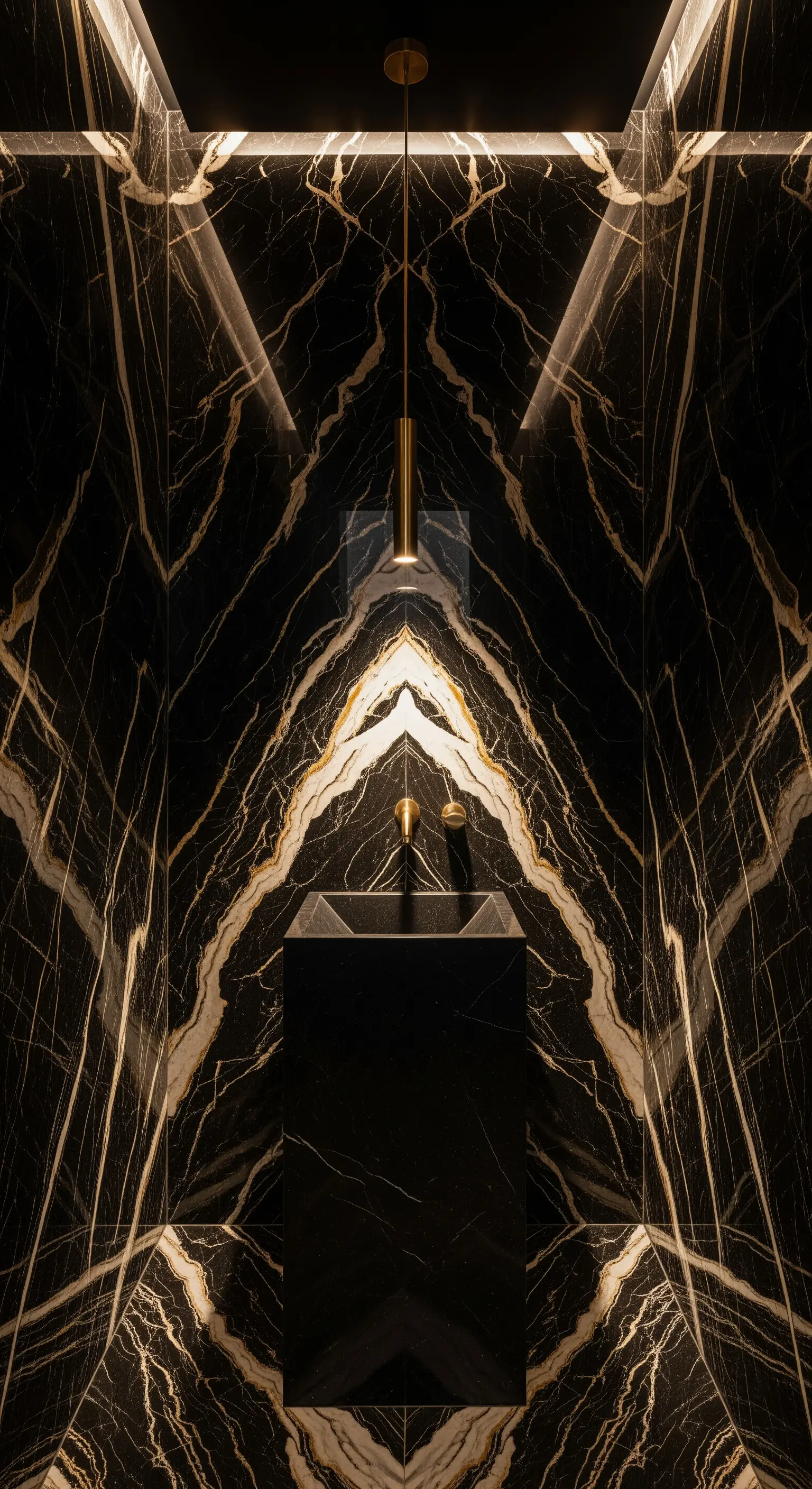 Kleines Gäste-WC komplett mit symmetrischem schwarzen Marmor verkleidet.