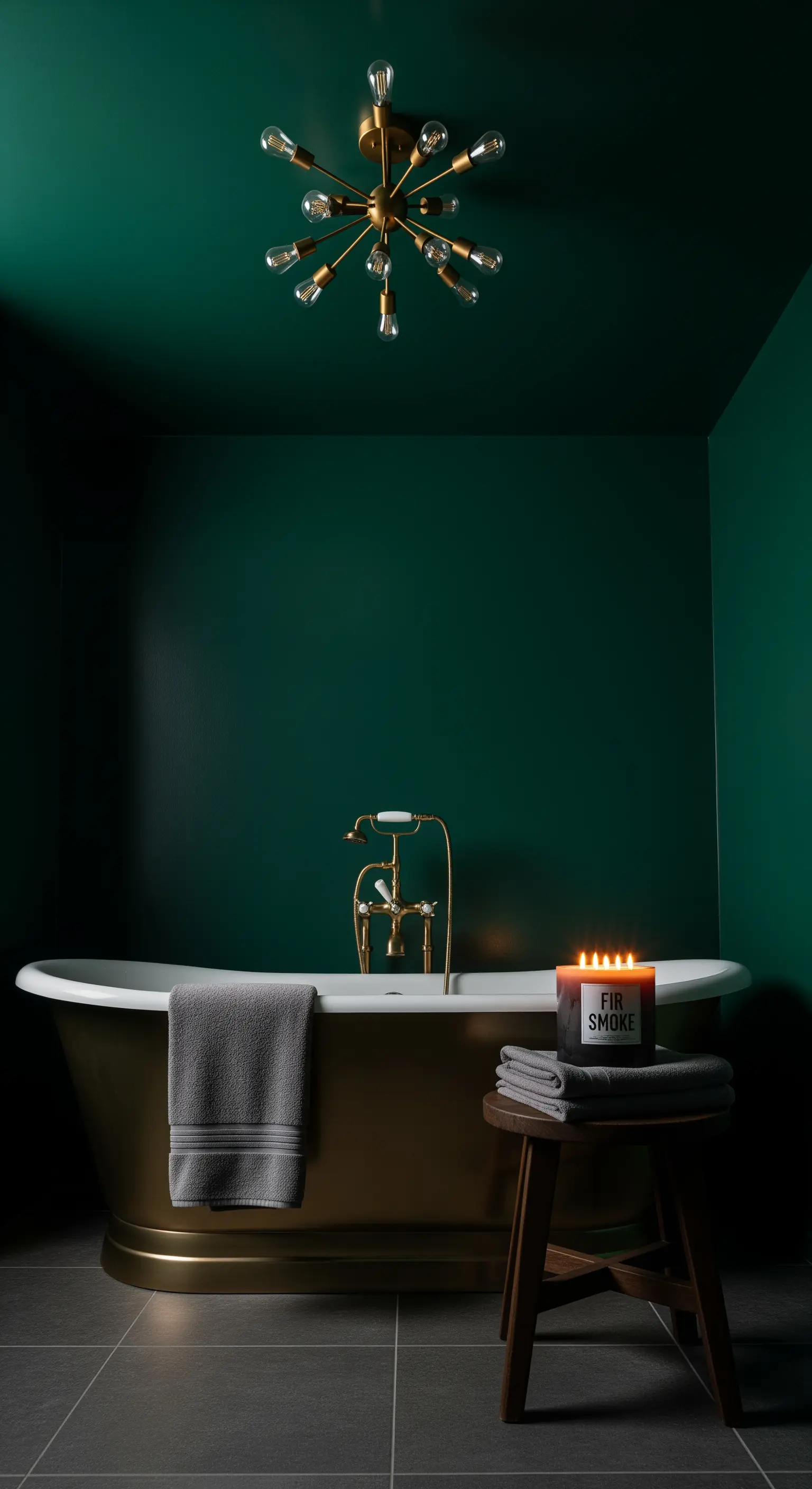 Dunkelgrünes Badezimmer mit freistehender Messingwanne und moderner Deckenlampe.