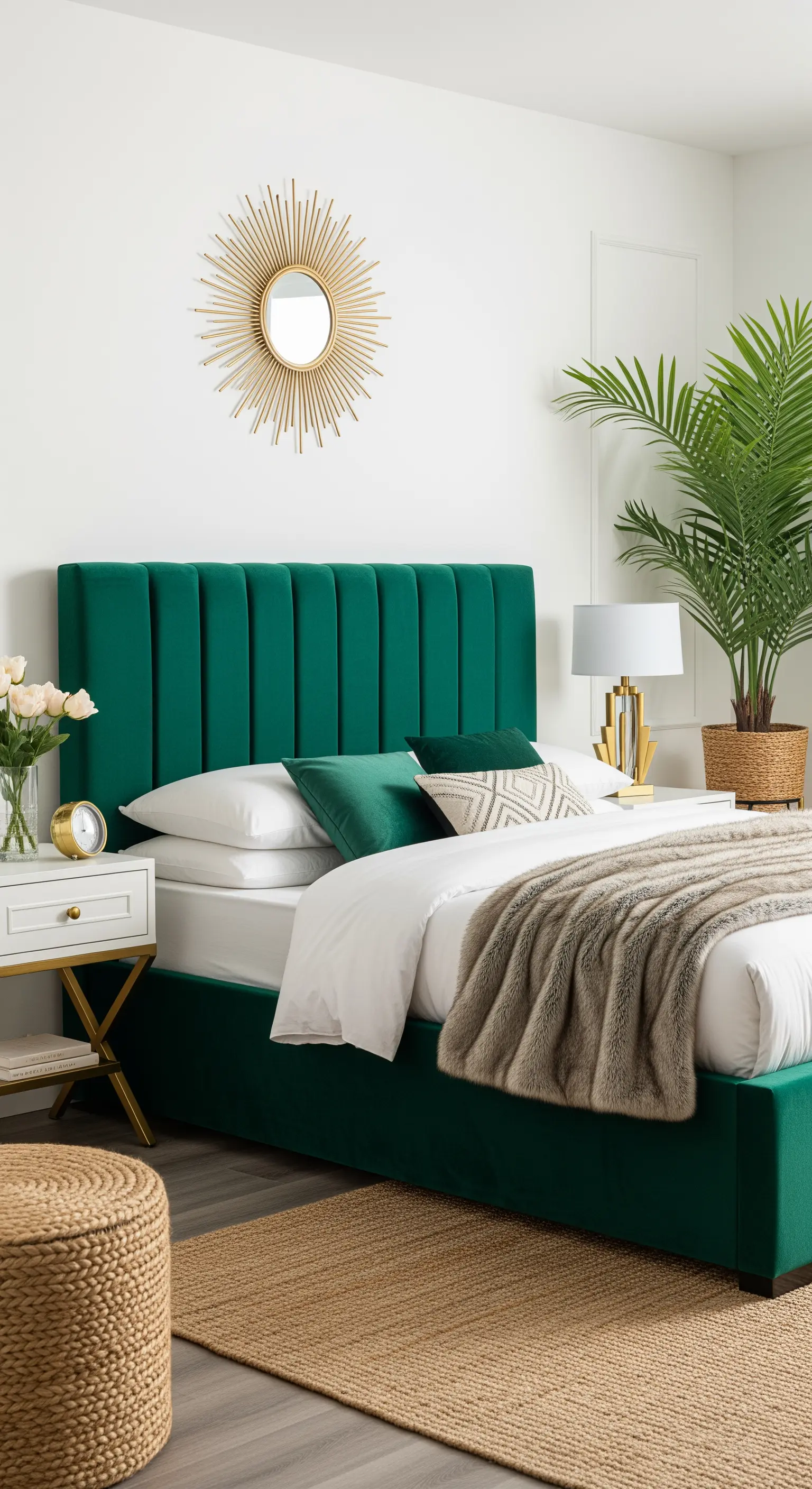 Elegantes Schlafzimmer mit einem smaragdgrünen Samtbett und goldenen Akzenten