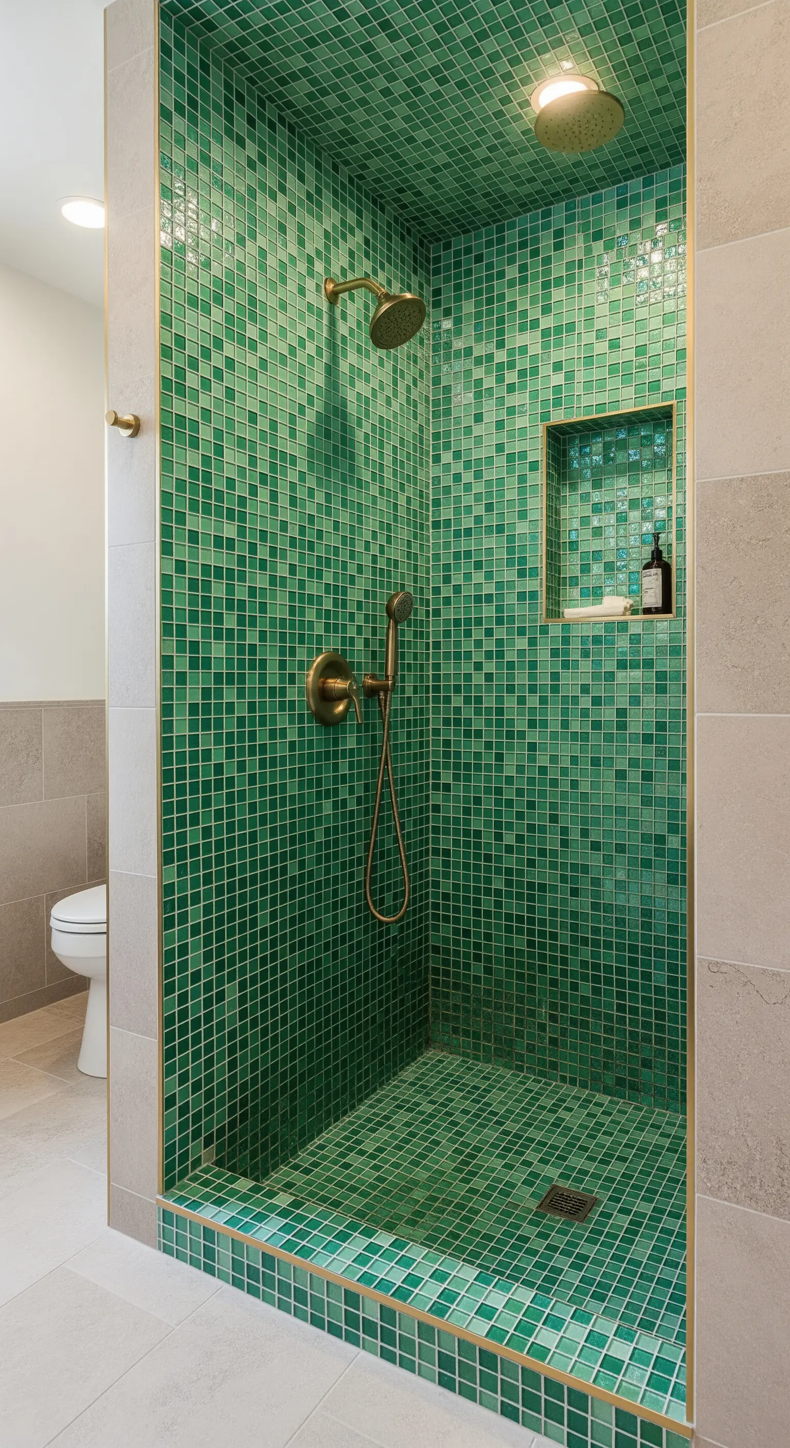 Duschkabine, vollständig mit smaragdgrünen Mosaikfliesen und Goldarmaturen ausgekleidet.