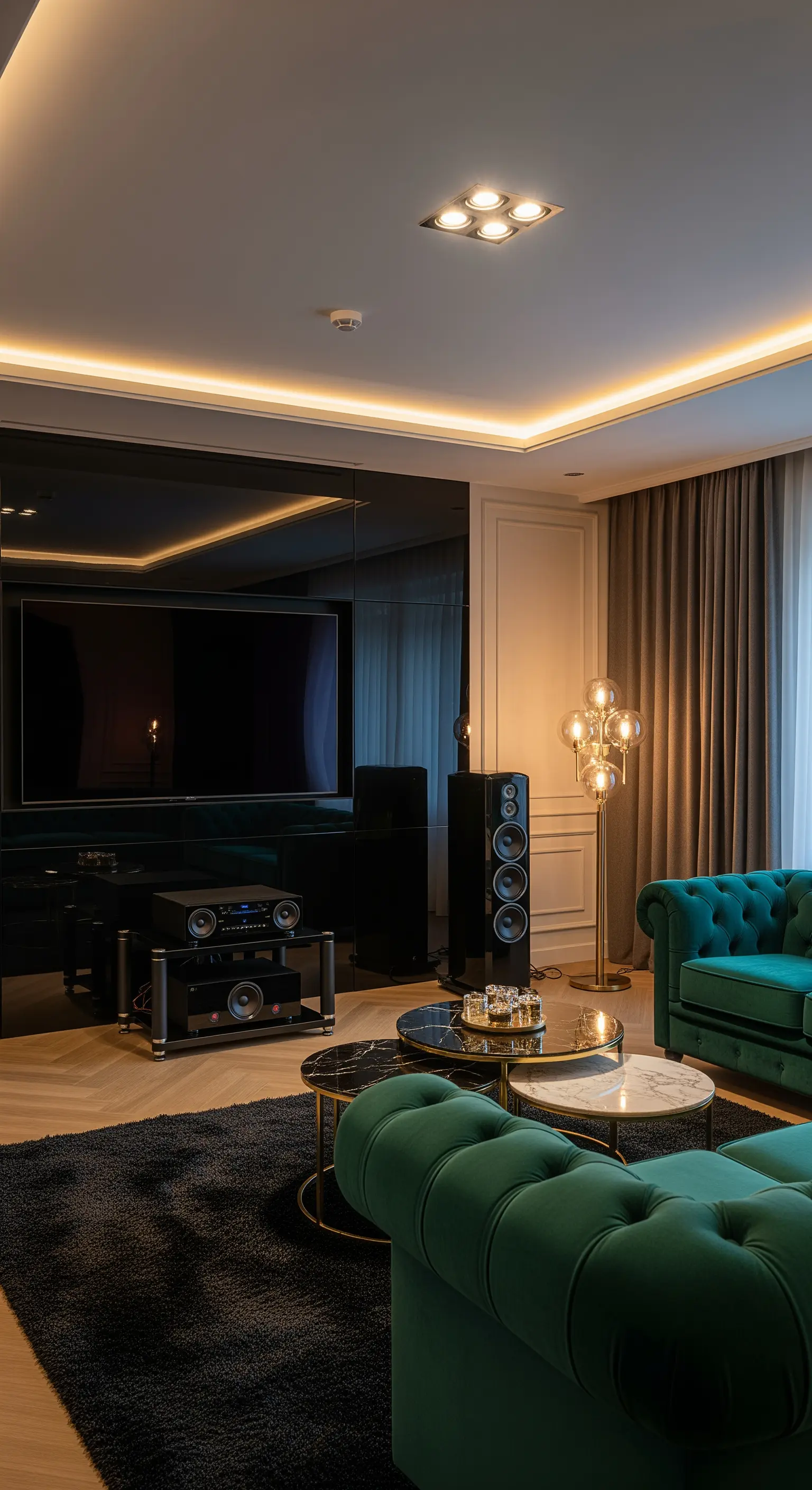 Smaragdgrünes Samtsofa vor einer schwarzen Hochglanz-Medienwand in einem eleganten Wohnzimmer.