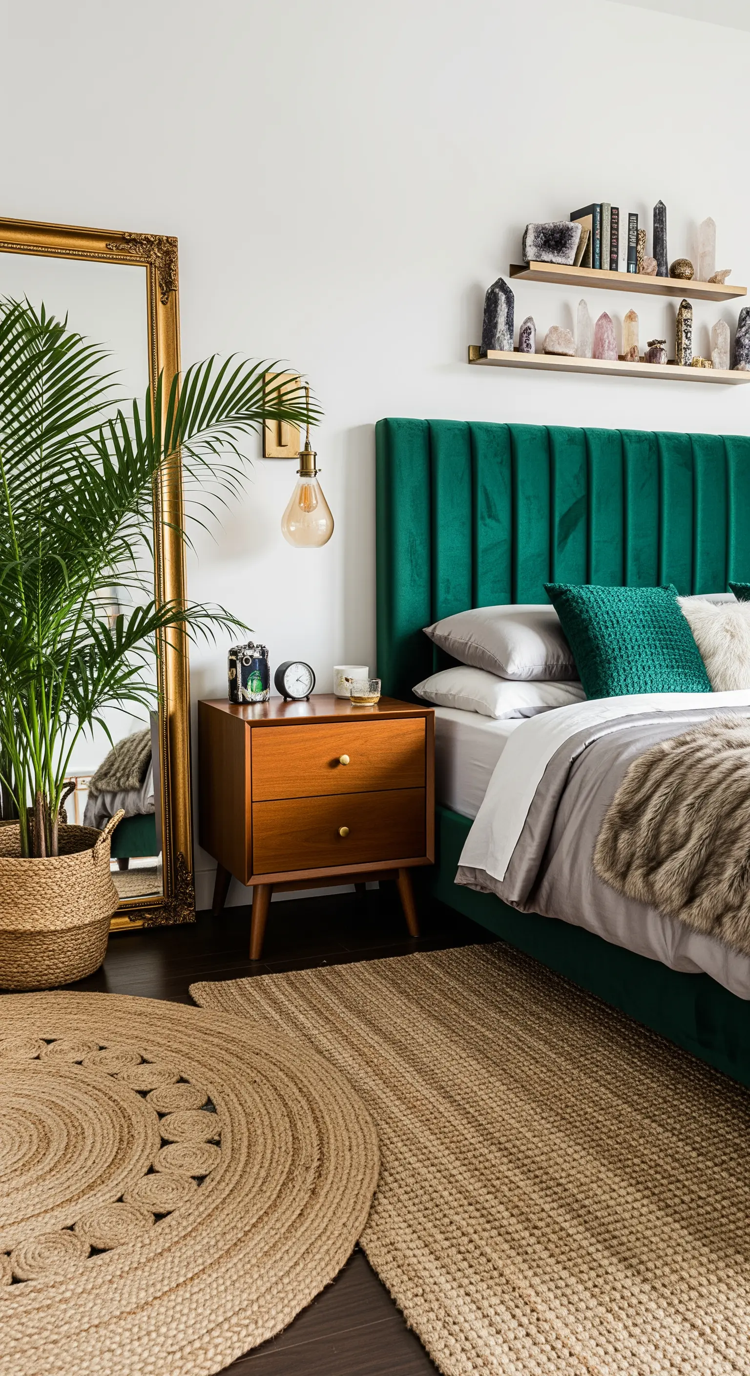 Boho-Schlafzimmer mit einem smaragdgrünen Samtbett, Goldakzenten und einem Jute-Teppich.