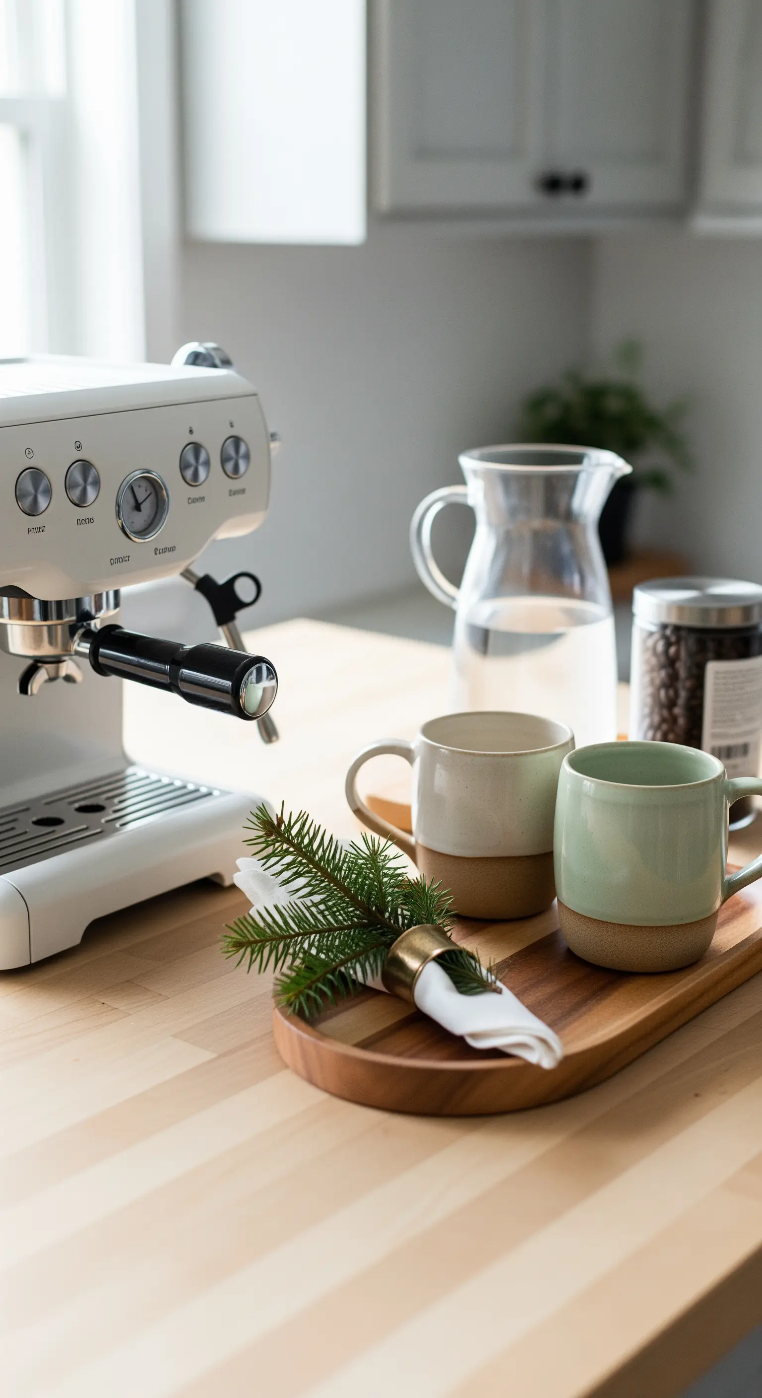 Kaffee-Ecke mit Kaffeemaschine, Tassen auf Holztablett und Tannenzweig-Serviettenring.