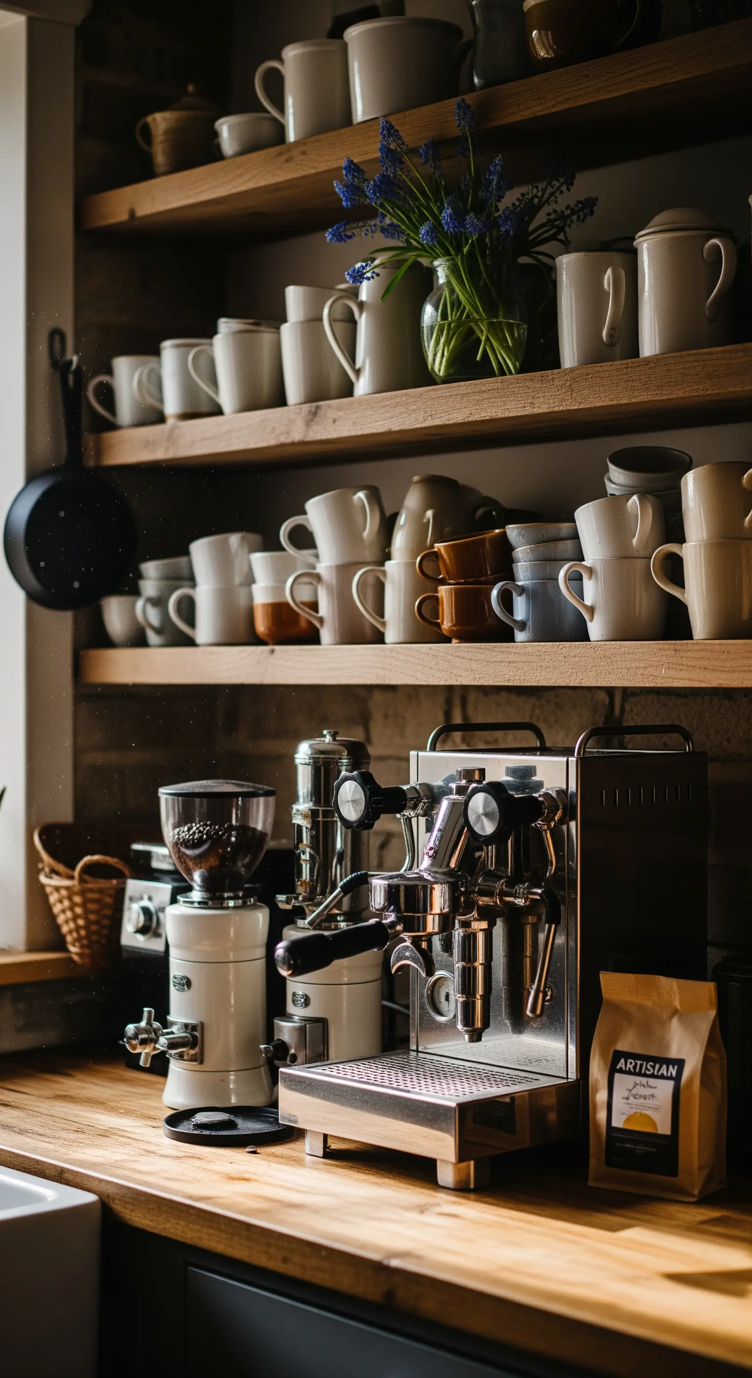 Espressomaschine und blaue Traubenhyazinthen auf Holztheke