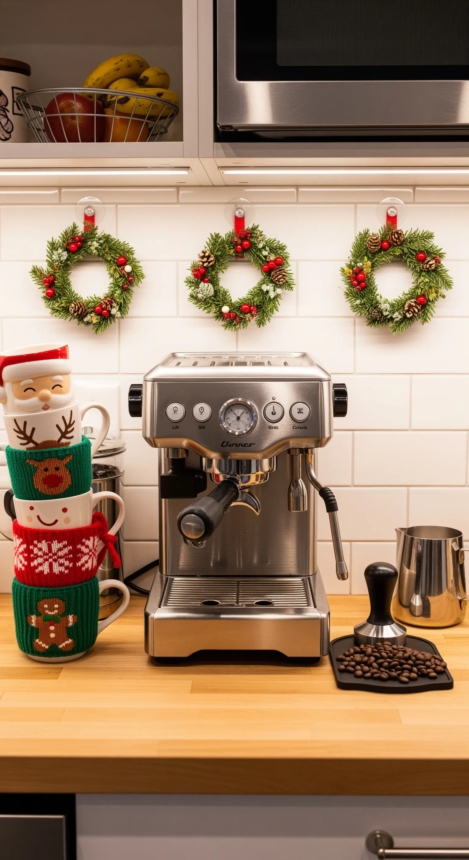 Kaffeemaschine mit gestapelten Weihnachtstassen in Strick-Cozies und kleinen Kränzen