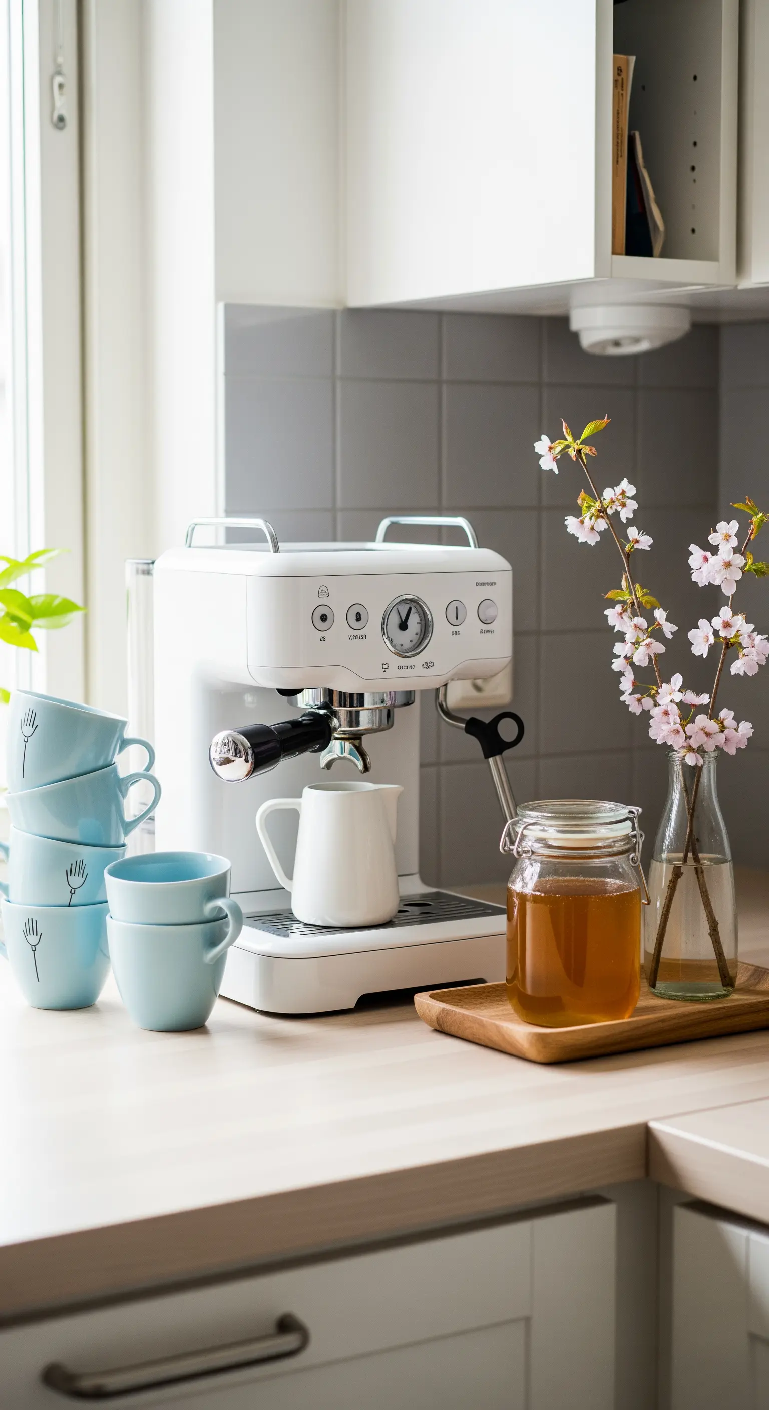 Kaffee-Ecke mit Espresso-Maschine, blauen Tassen und Kirschblütenzweigen