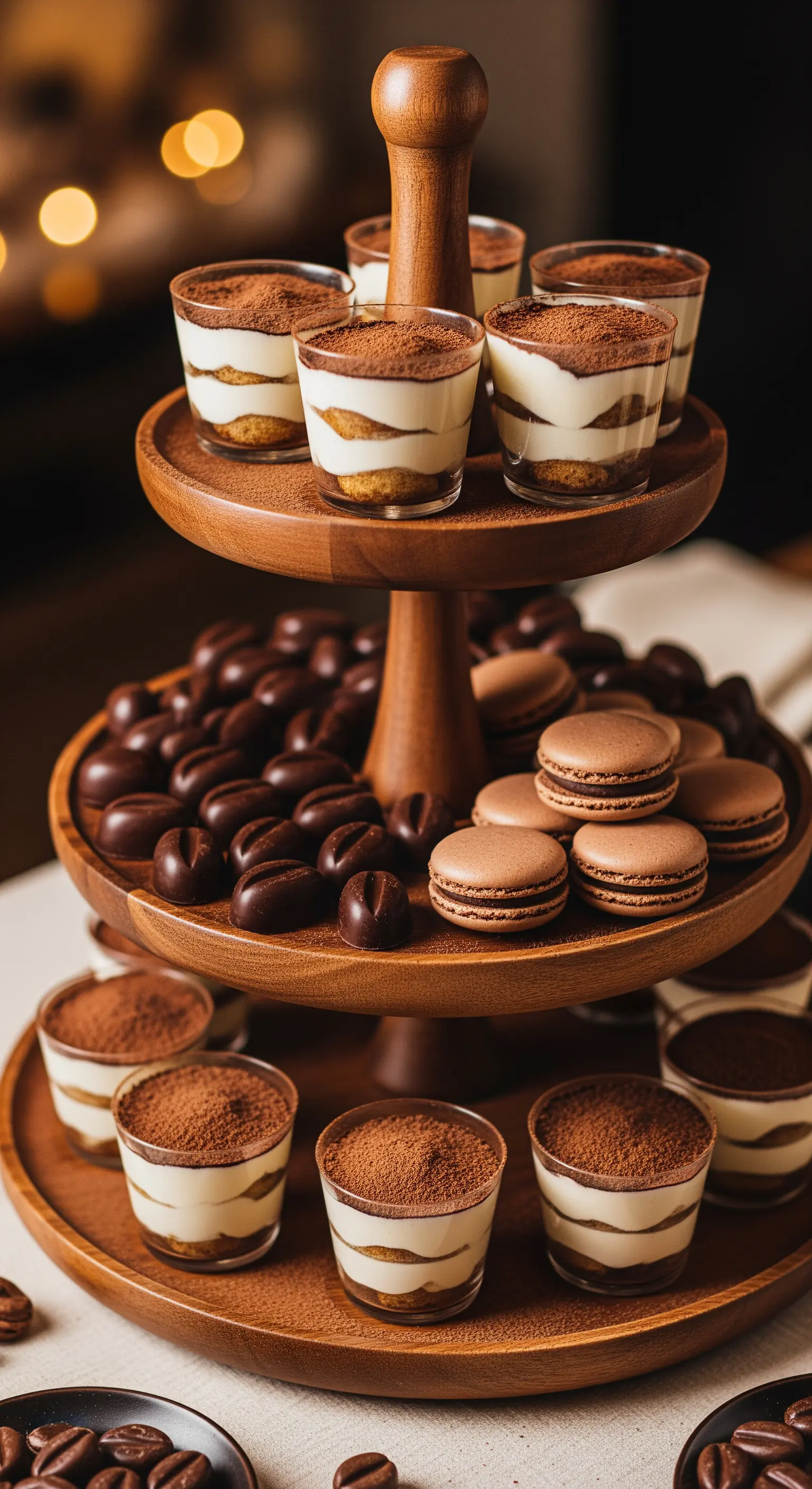 Dunkle Holz-Etagere mit Tiramisu im Glas, Schoko-Macarons und Schokoladen-Bohnen.