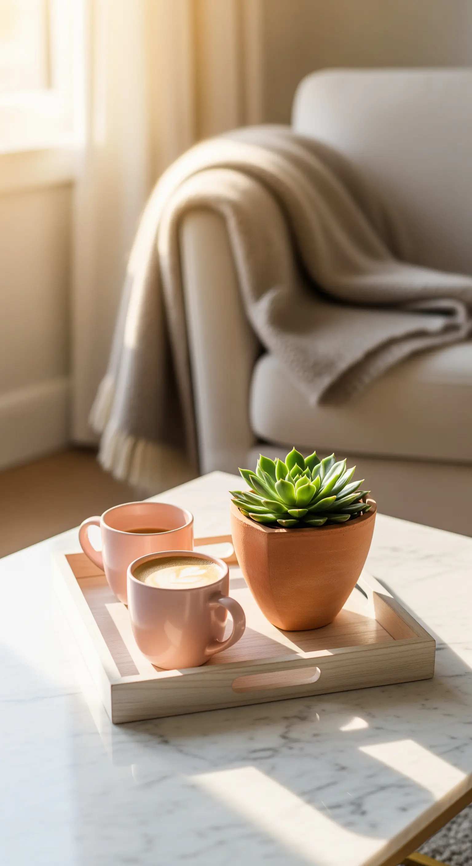 Kaffee-Tablett mit rosa Tassen, Sukkulente und beigem Plaid auf weißem Sofa