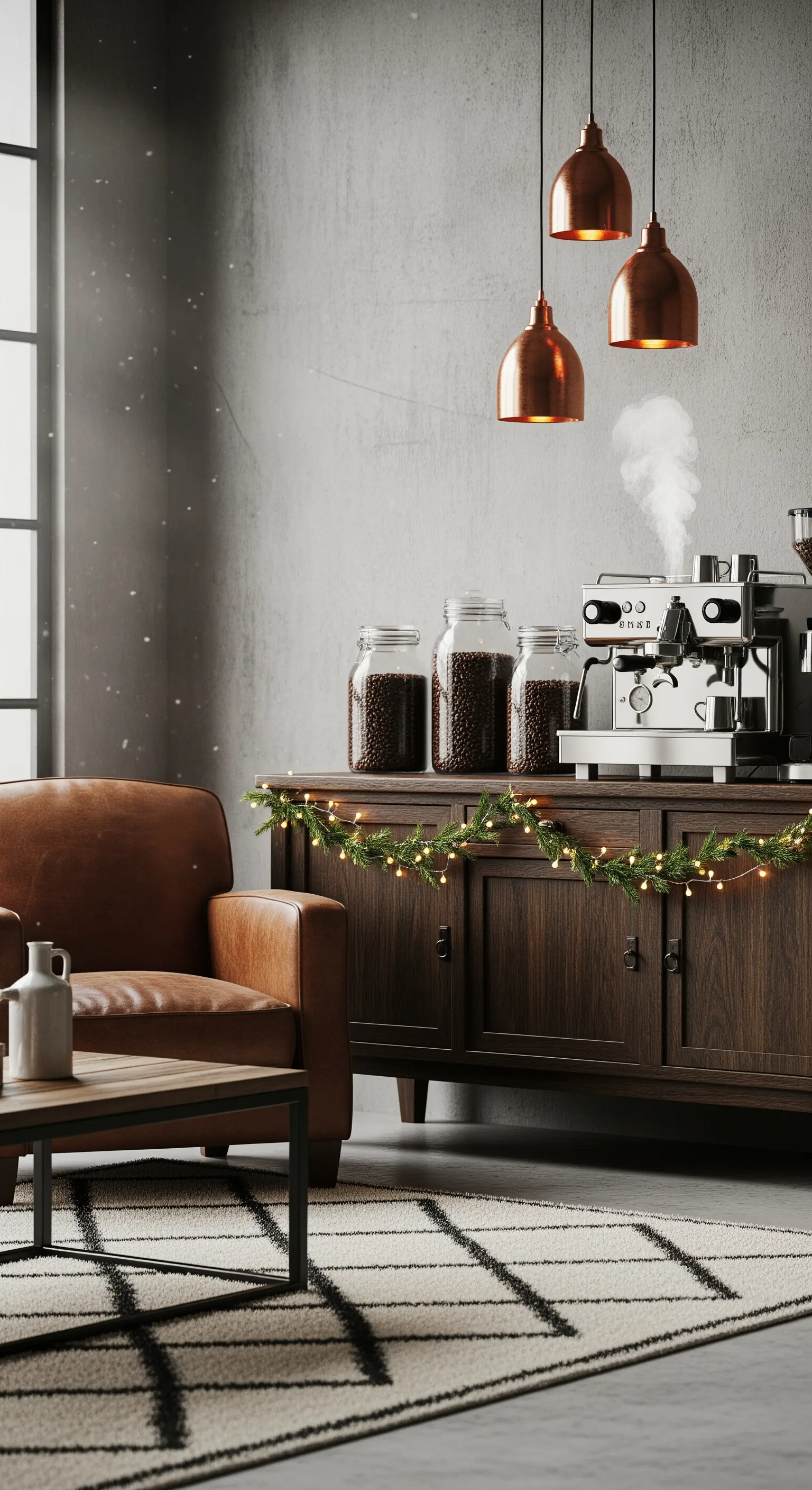 Kaffeebar mit Espressomaschine, Kaffeebohnen und festlicher Girlande