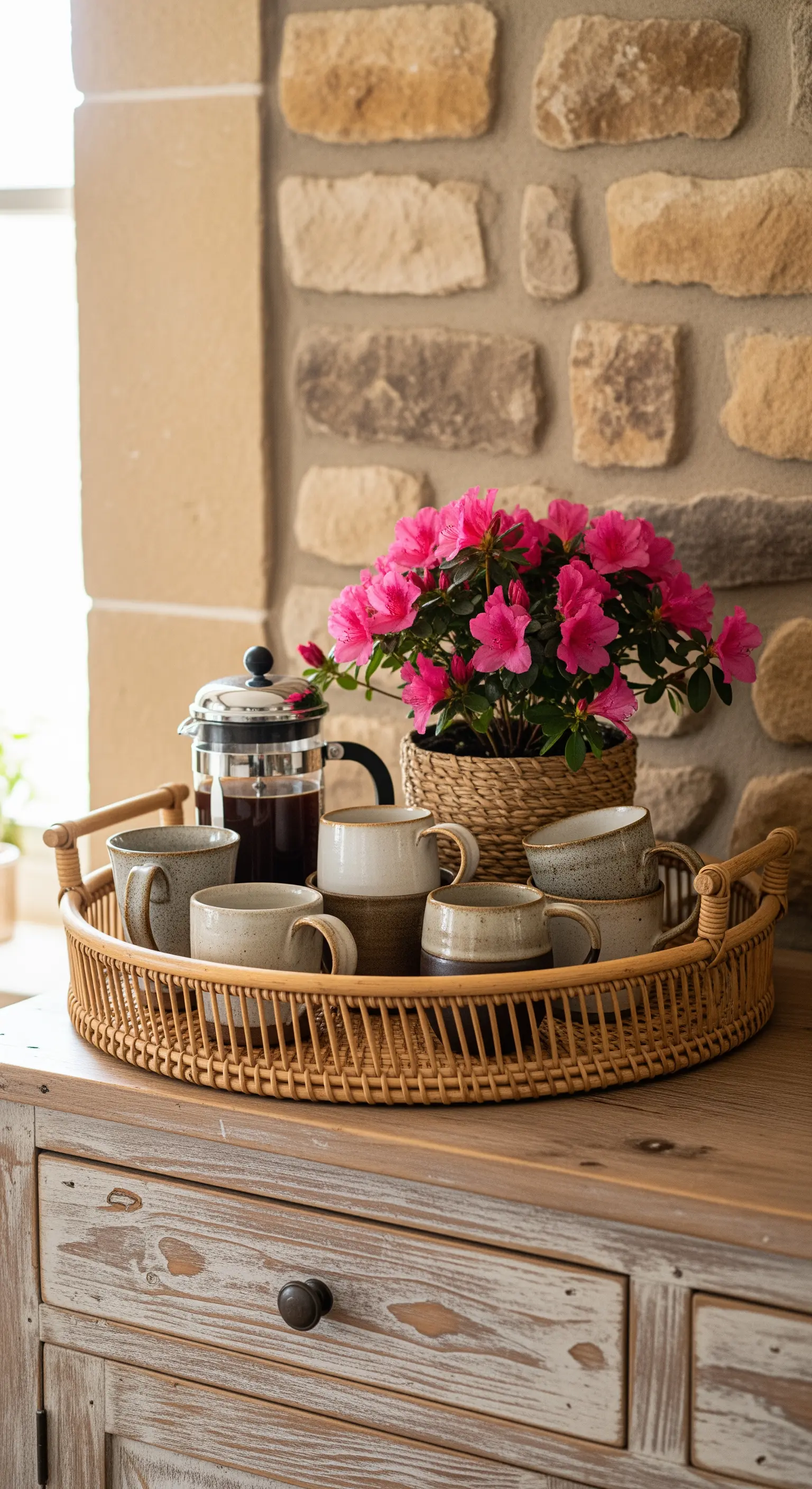 Rattan-Tablett mit Kaffeetassen und pinker Azalee auf Holzkommode