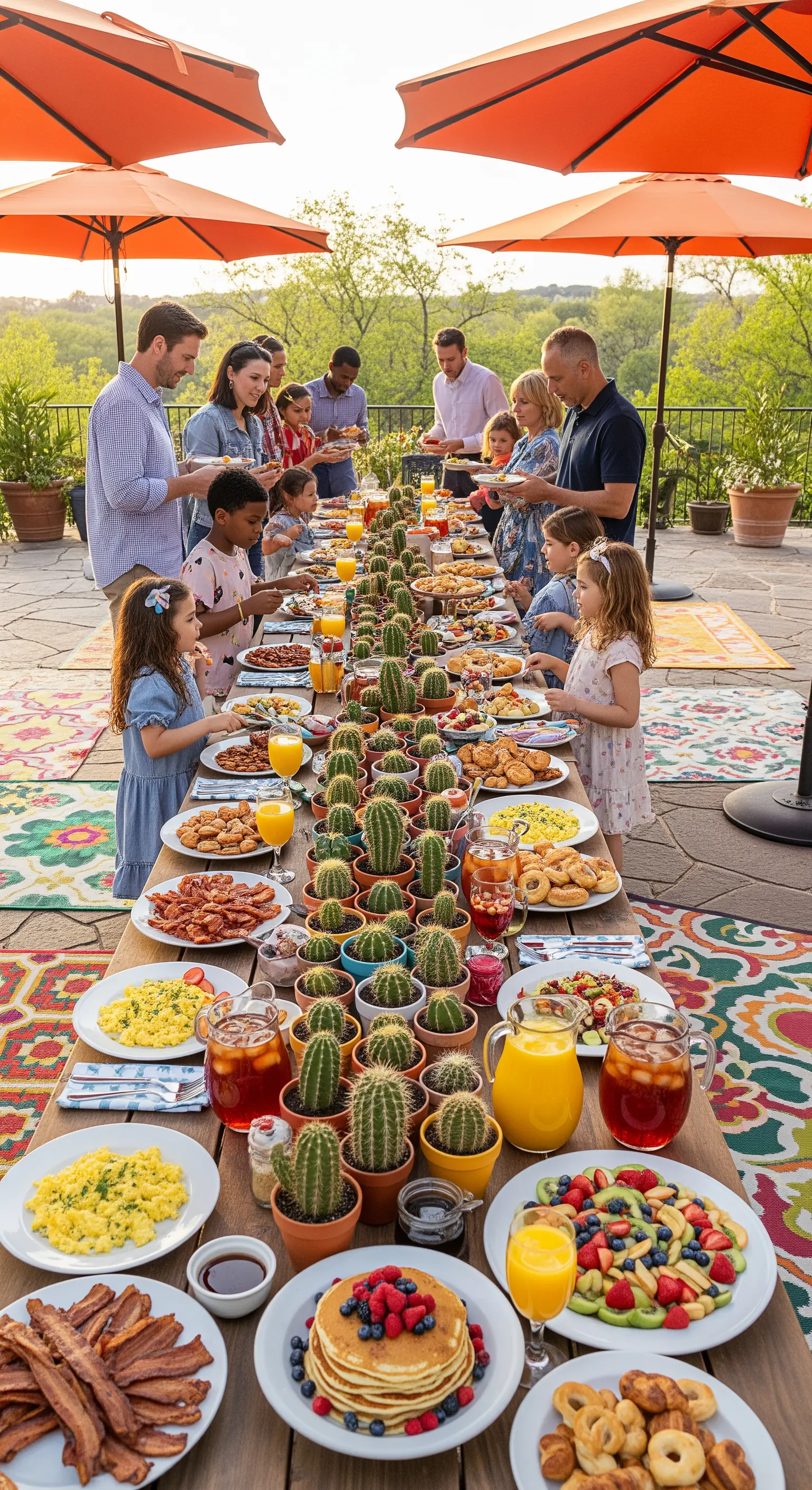 Lange Tafel mit Kakteen-Centerpiece für Familien-Brunch