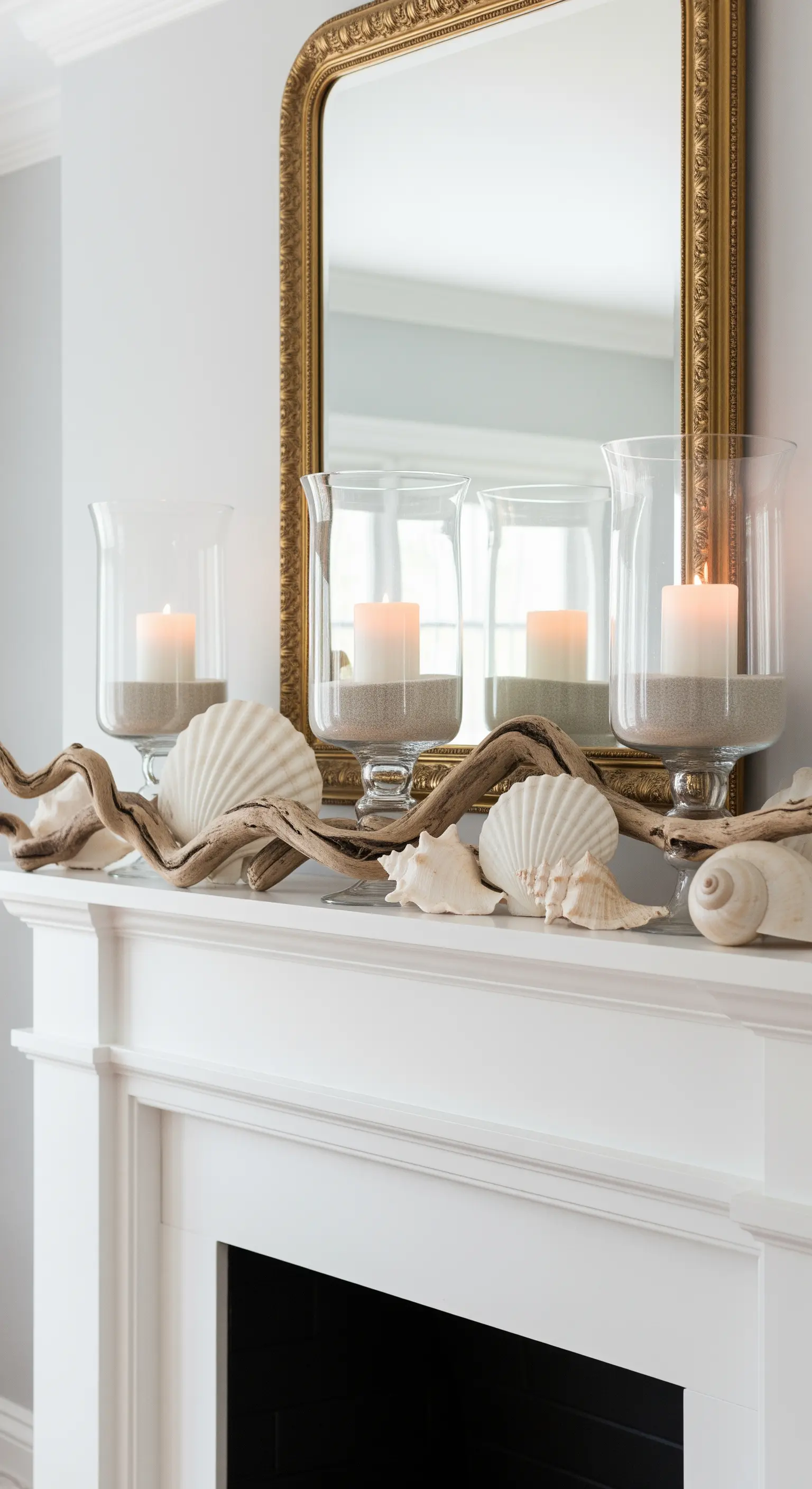 Kaminsims mit Treibholz, Muscheln und Kerzen in Sand-Hurrikan-Gläsern
