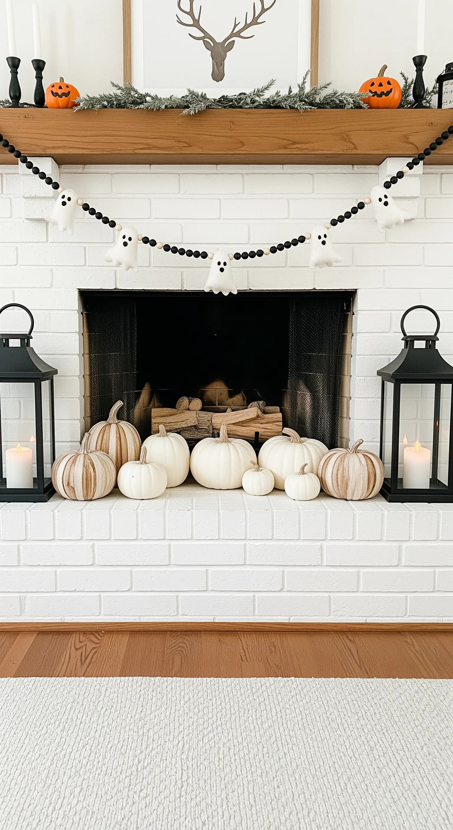 Kamin mit weißen Kürbissen, Laternen und Geister-Girlande im Farmhouse-Stil.
