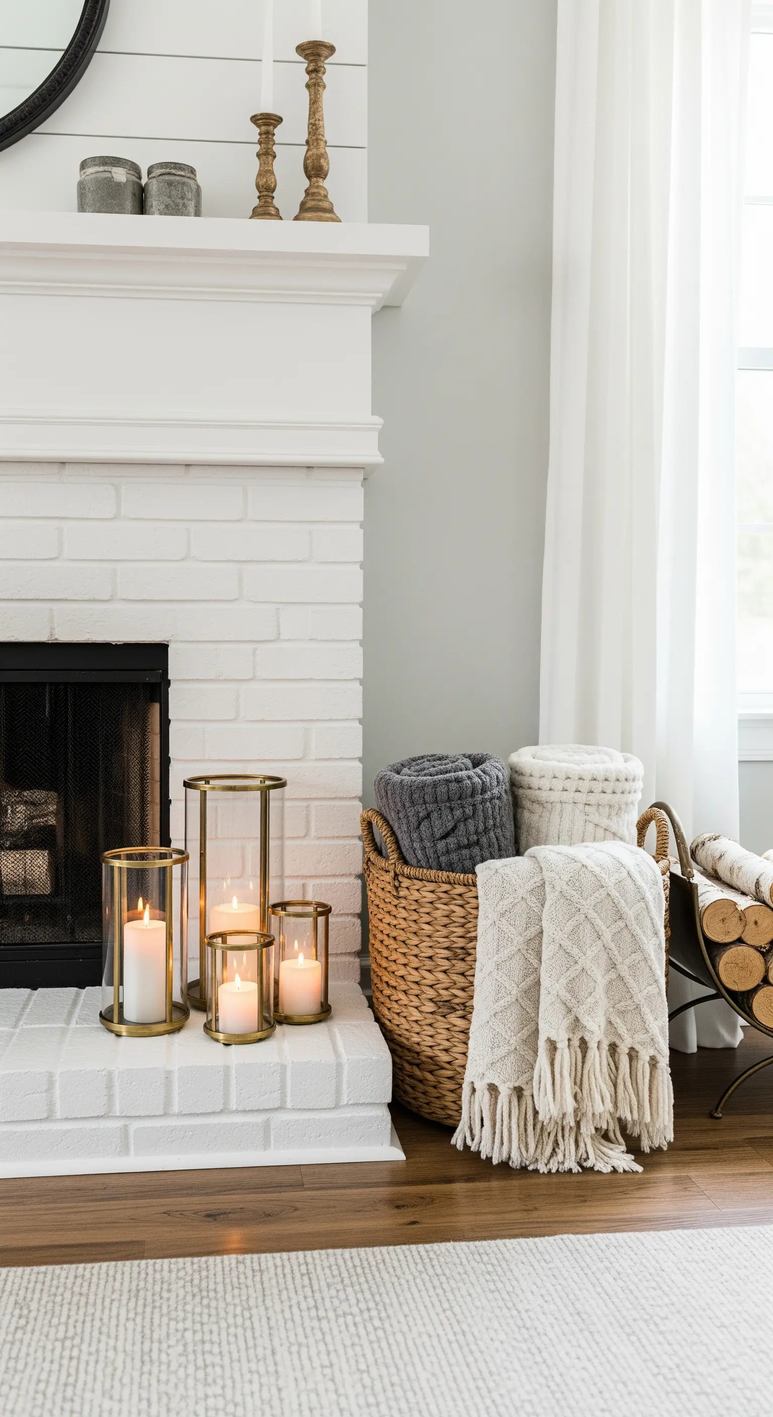 Weißer Kamin mit Goldlaternen, einem Korb mit Decken und Birkenholz