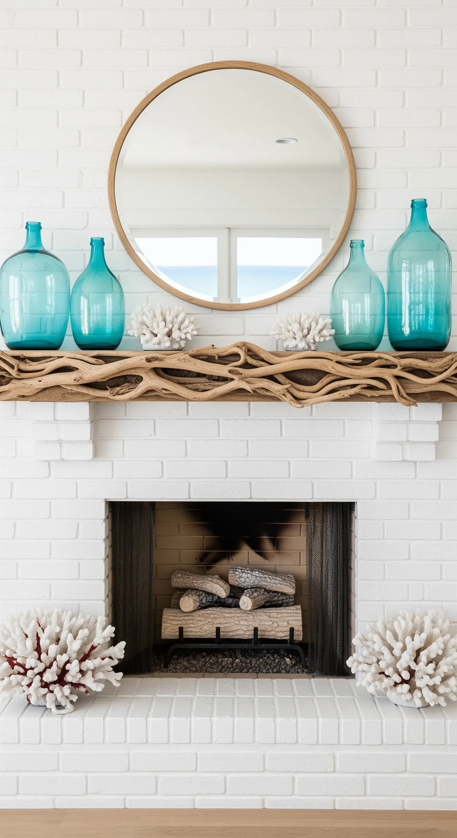 Kamin mit Treibholz, aquafarbene Glasflaschen und weißen Korallen-Akzenten