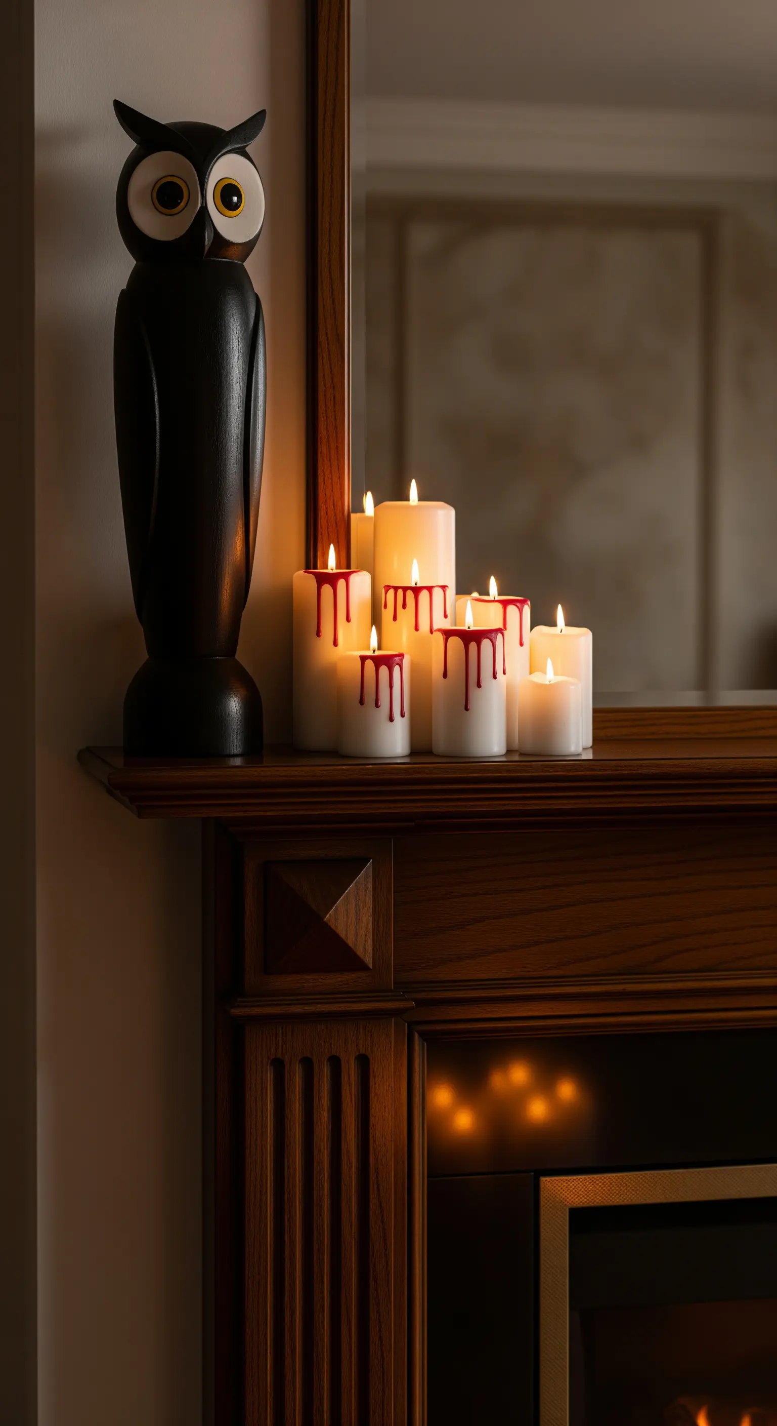 Halloween-Kaminumrandung mit Blutkerzen und Eulenstatue.