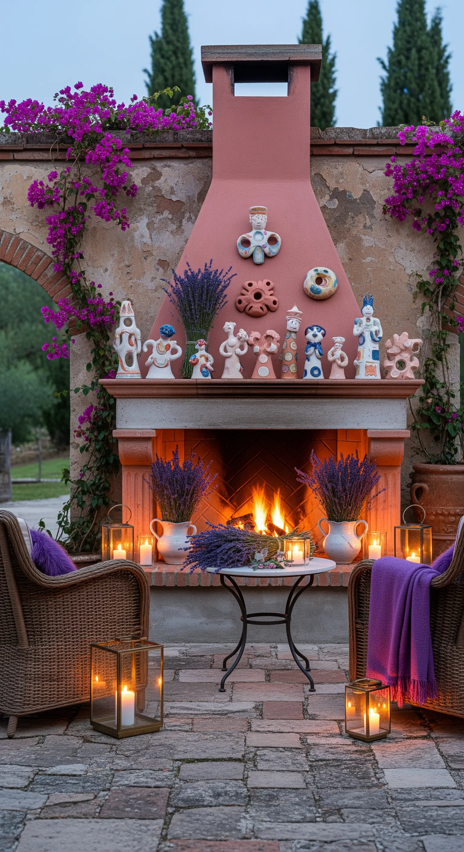 Kamin mit Bougainvillea, Keramikfiguren, Lavendel und Korbstühlen