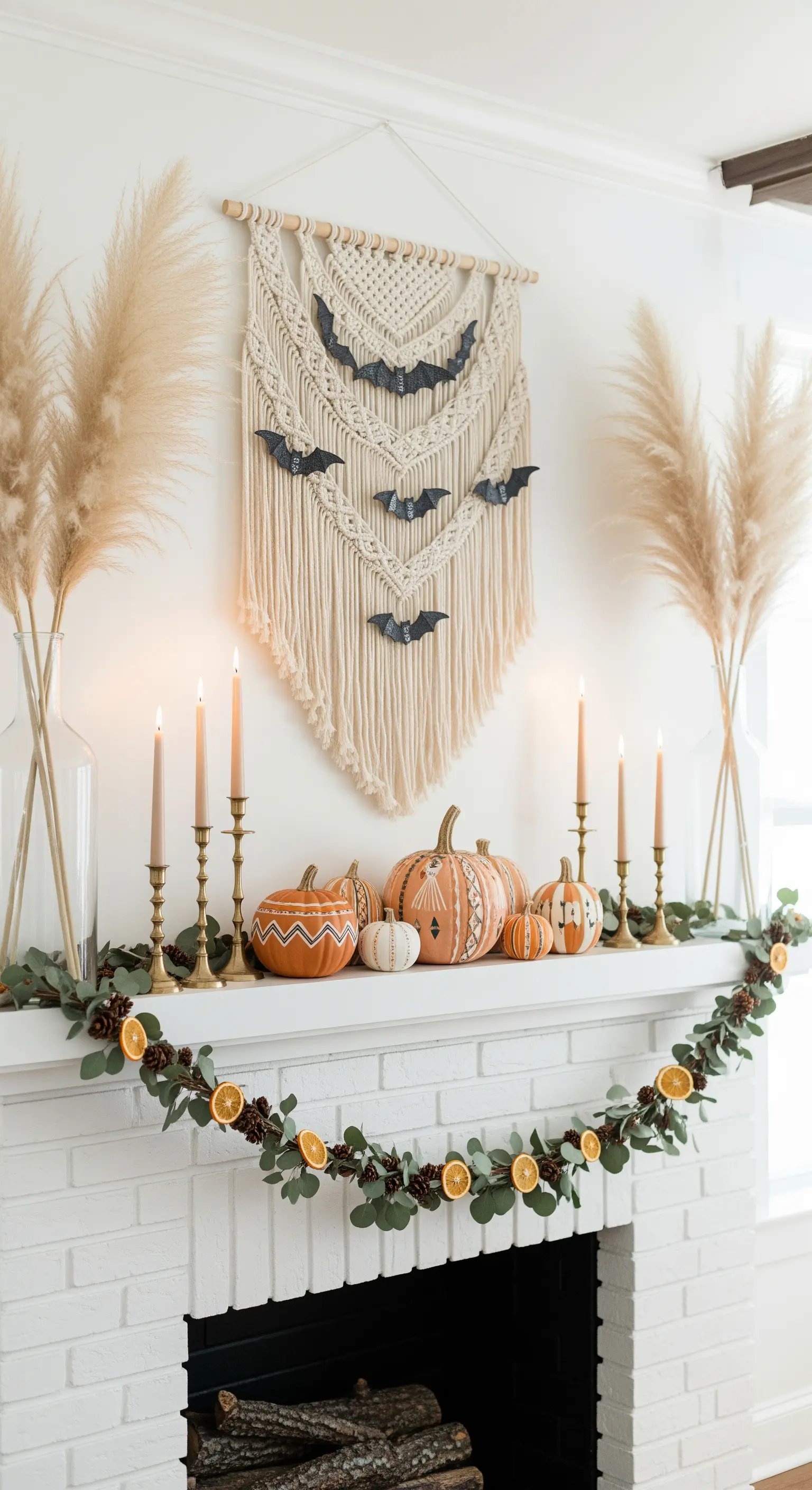 Kaminsims mit Pampasgras, bemalten Kürbissen und Makramee für Boho-Halloween.
