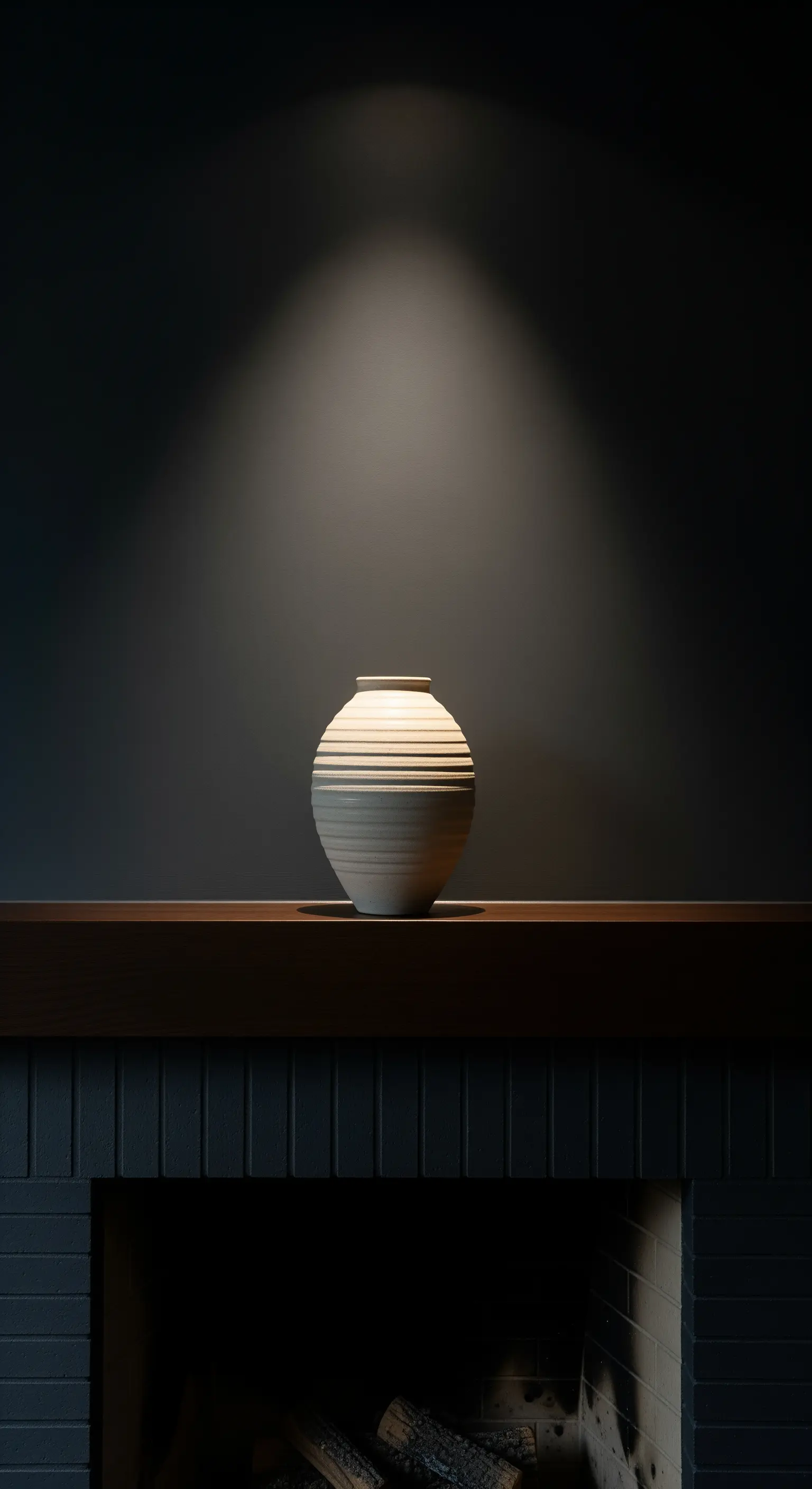 Weiße, strukturierte Vase auf einem dunklen Kamin-Mantel, von einem Decken-Spotlight beleuchtet