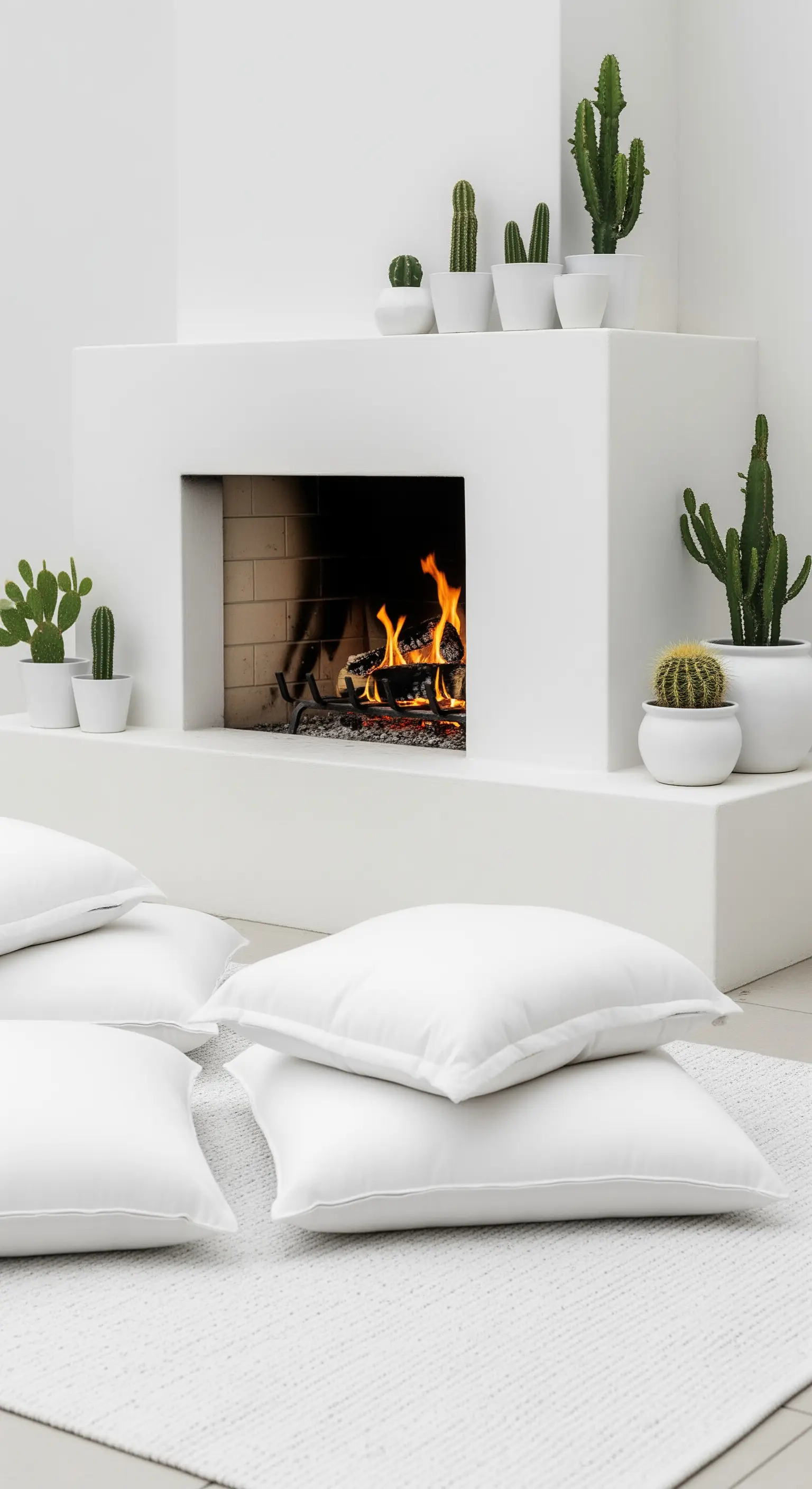 Kamin mit weißen Kissen, Teppich und Kakteen