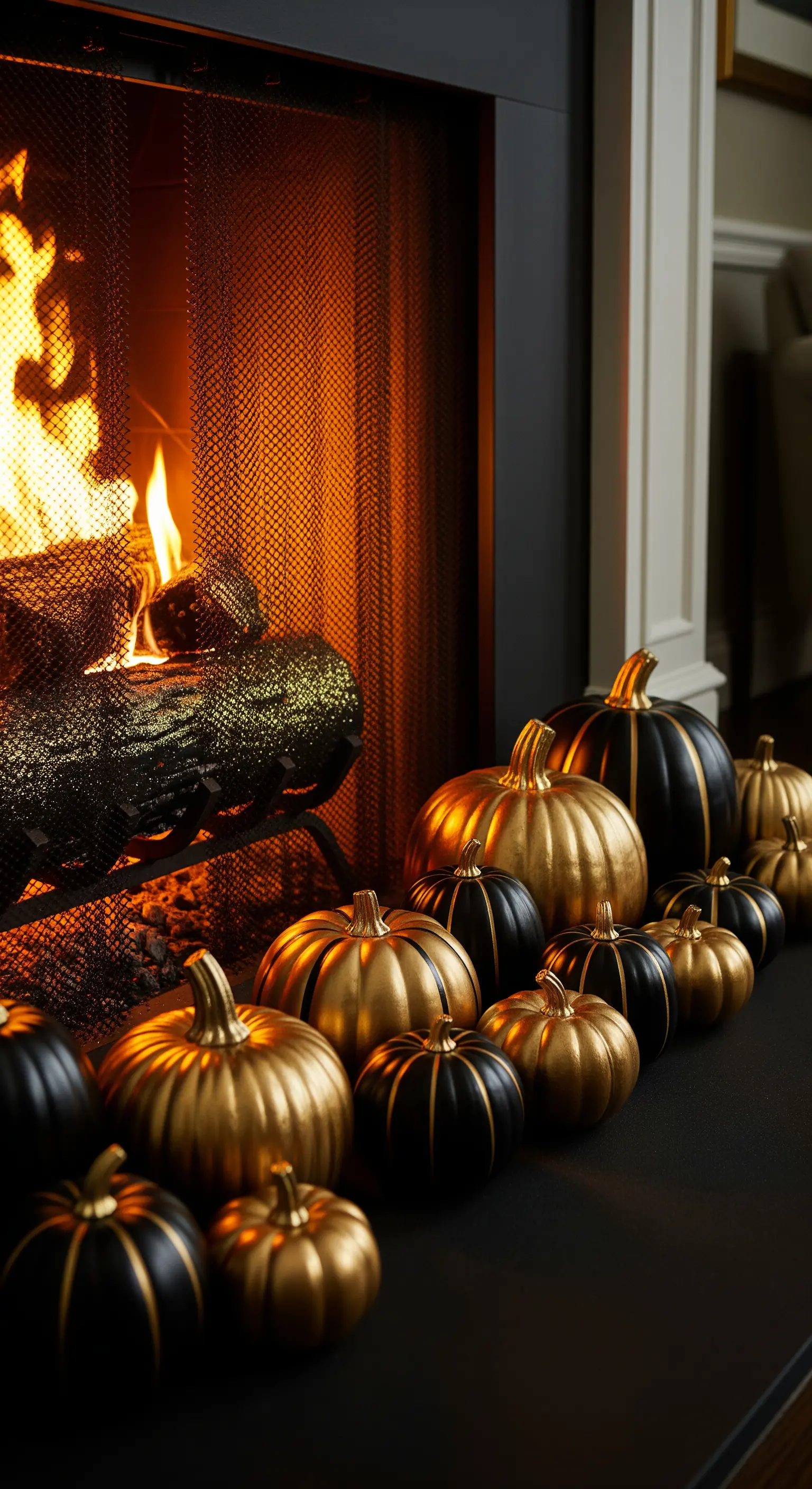 Kamin mit Reihe schwarzer und goldener Kürbisse im Herbst