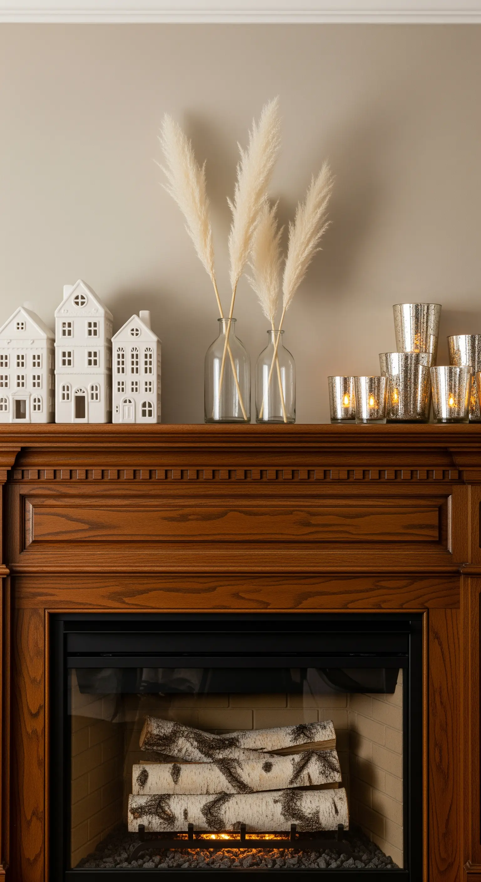 Kaminmantel mit Pampasgras, weißen Keramikhäusern und glänzenden Teelichthaltern.