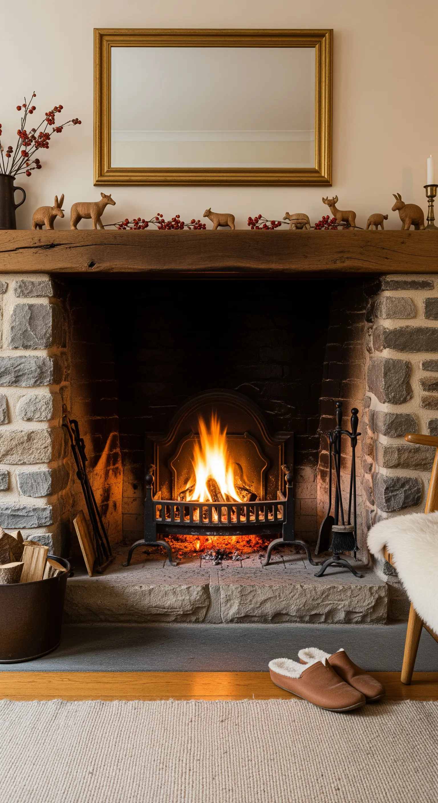 Kamin, Holzkaminsims, Hirschfiguren, Beerengirlande, goldener Spiegel