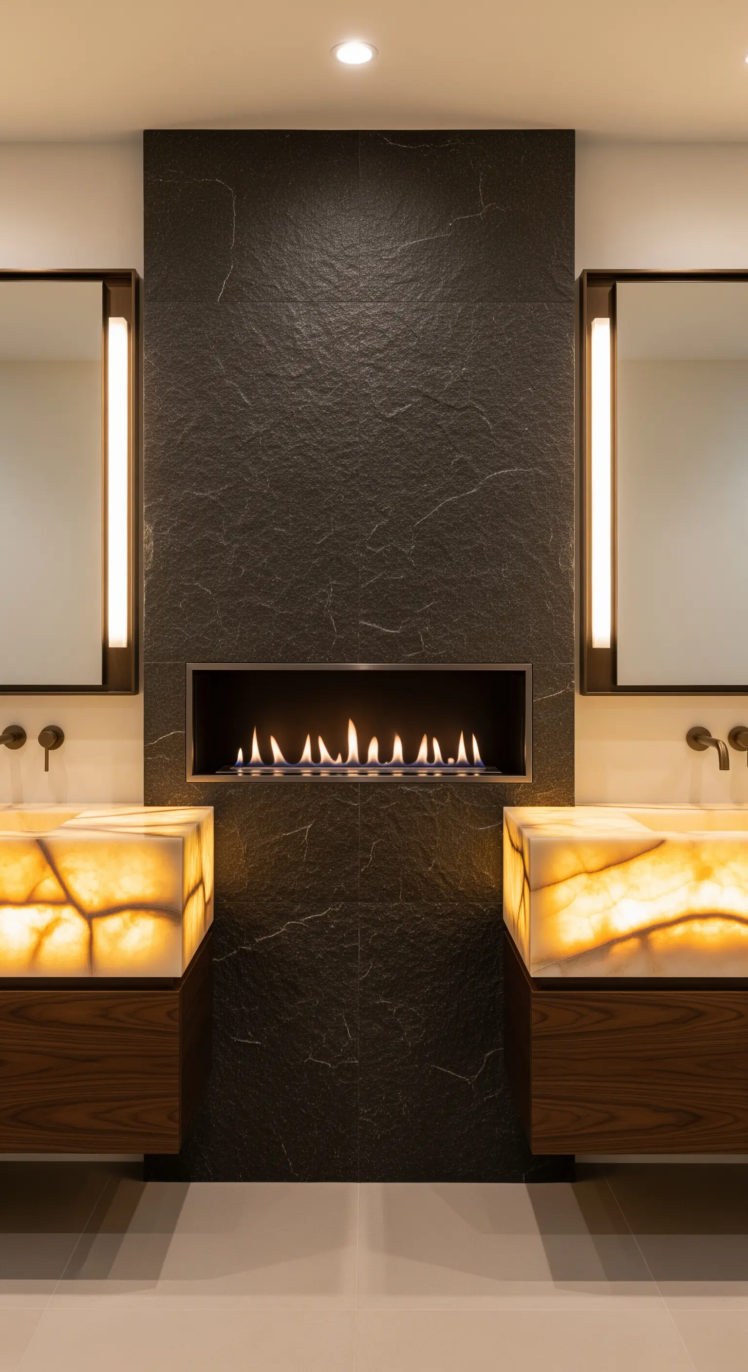Kamin im Badezimmer, hinterleuchtete Onyx-Waschtische, dunkle Steinwand